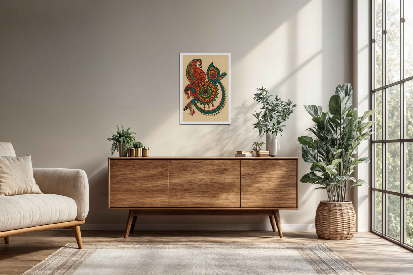 Living Room Cabinet Preview of Flute & Feather – Krishna Crerative Mandala Art in White Color Frame