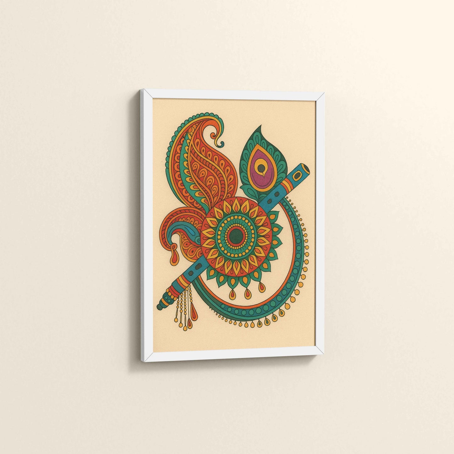 Side View of Flute & Feather – Krishna Crerative Mandala Art in White Color Frame