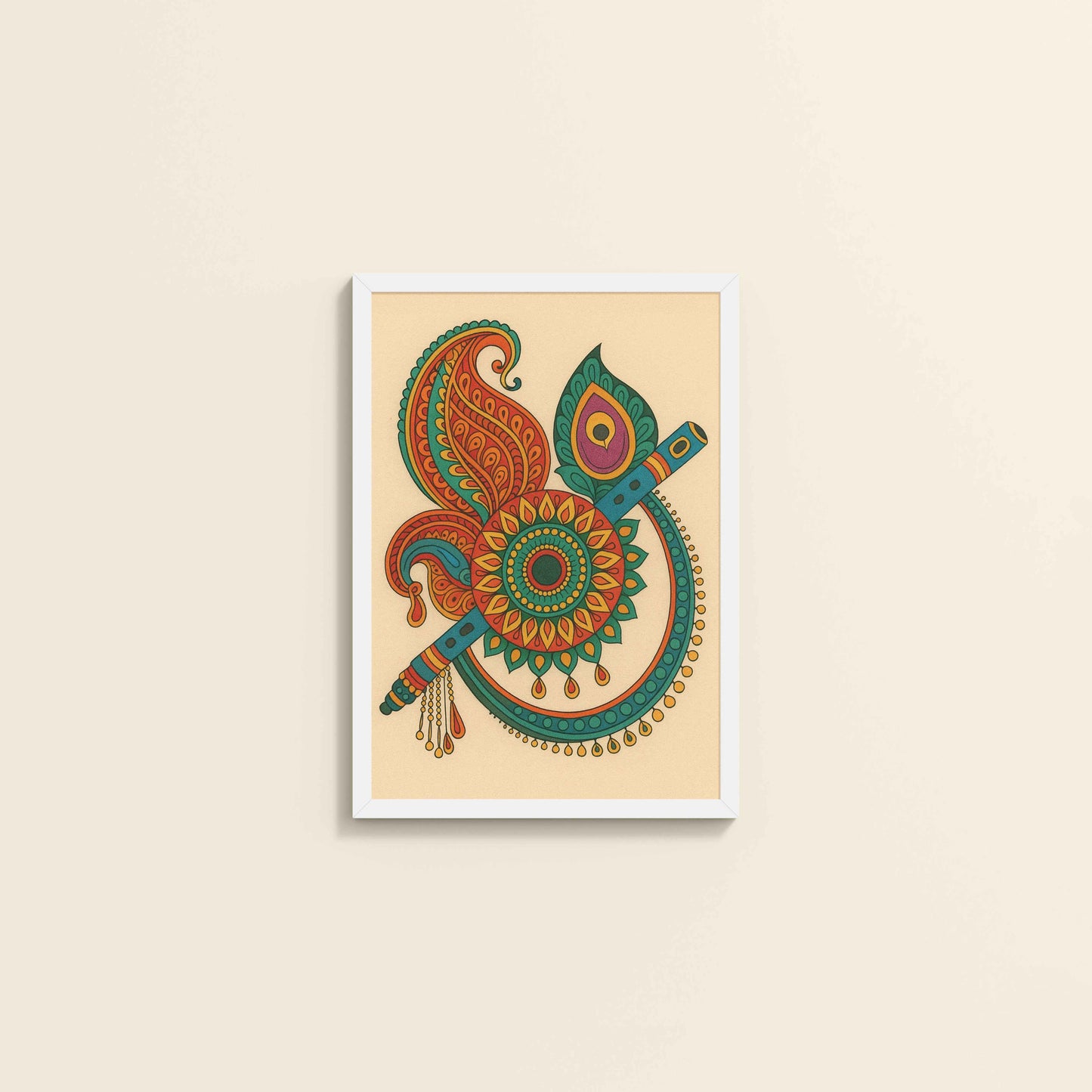 Wall View of Flute & Feather – Krishna Crerative Mandala Art in White Color Frame