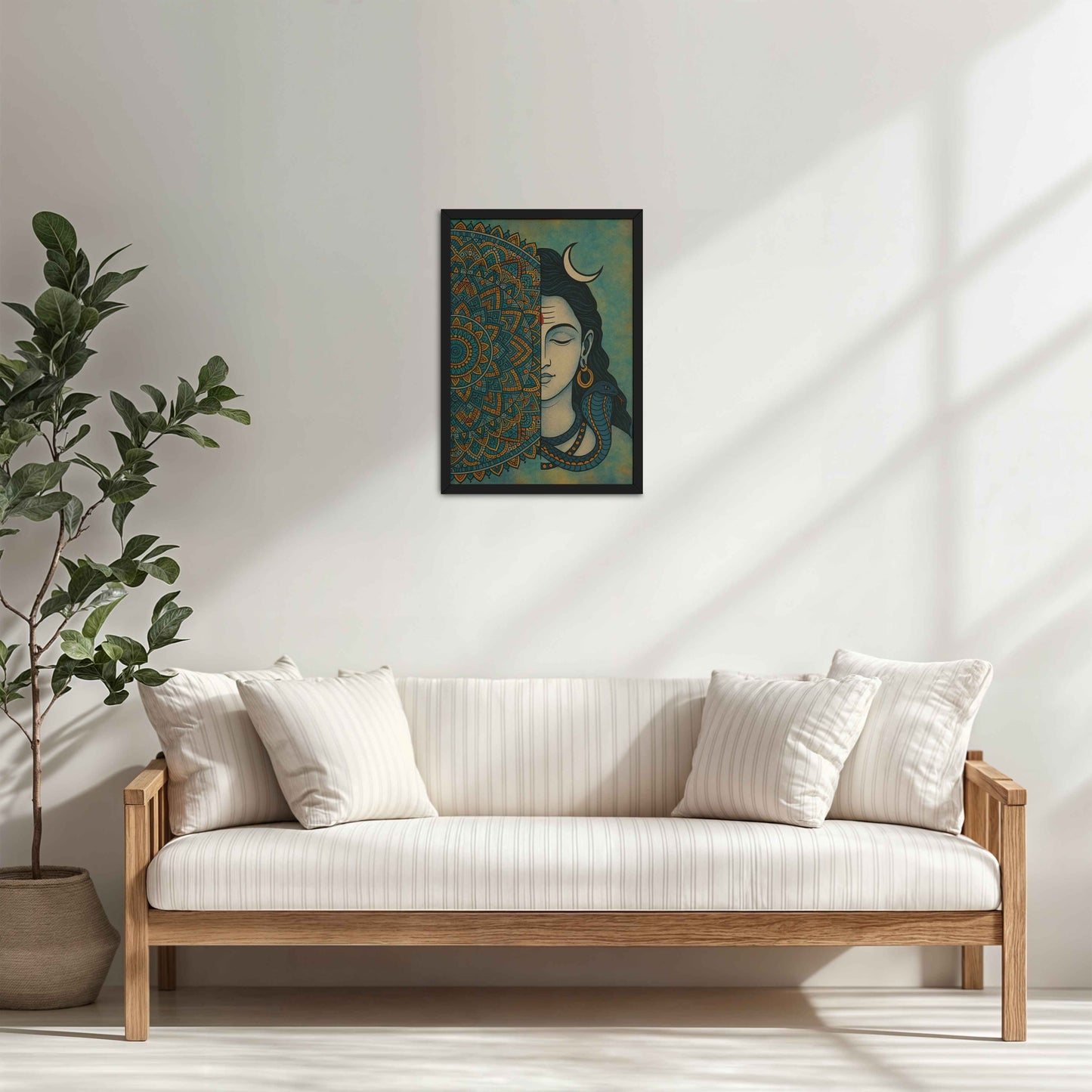 Living Room Cabinet Table Preview of Divine Meditator – Lord Shiva Mandala Artwork in Black Color Frame