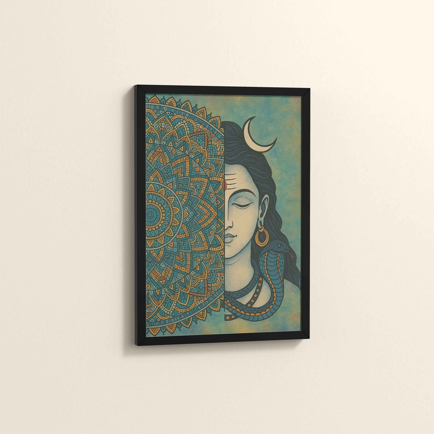 Side View of Divine Meditator – Lord Shiva Mandala Artwork in Black Color Frame