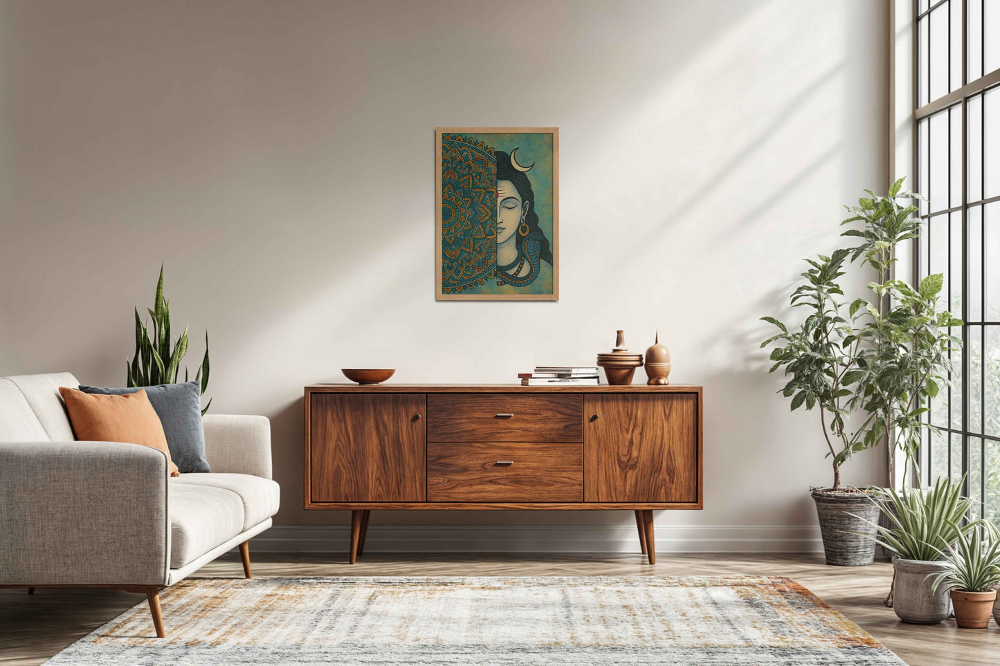 Living Room Sofa Preview of Divine Meditator – Lord Shiva Mandala Artwork in Natrual Color Frame