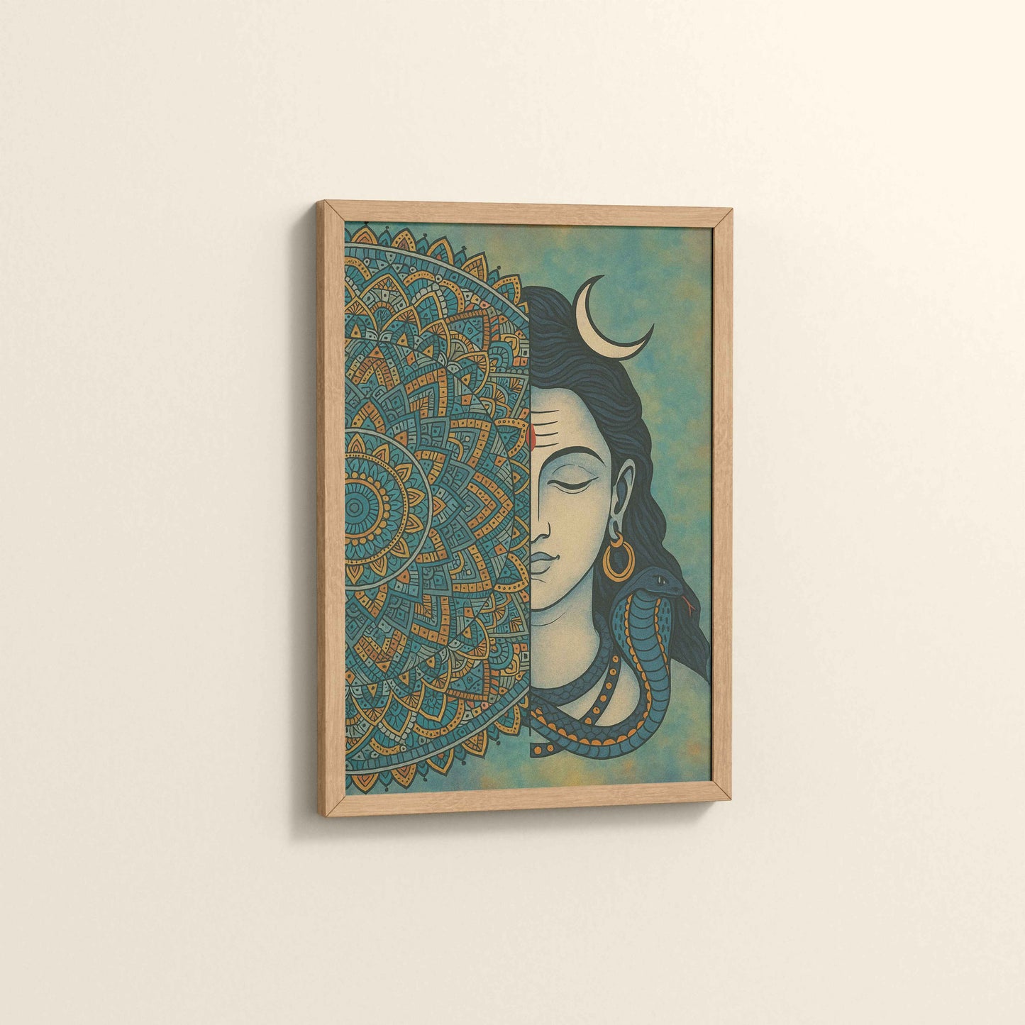 Side View of Divine Meditator – Lord Shiva Mandala Artwork in Natrual Color Frame