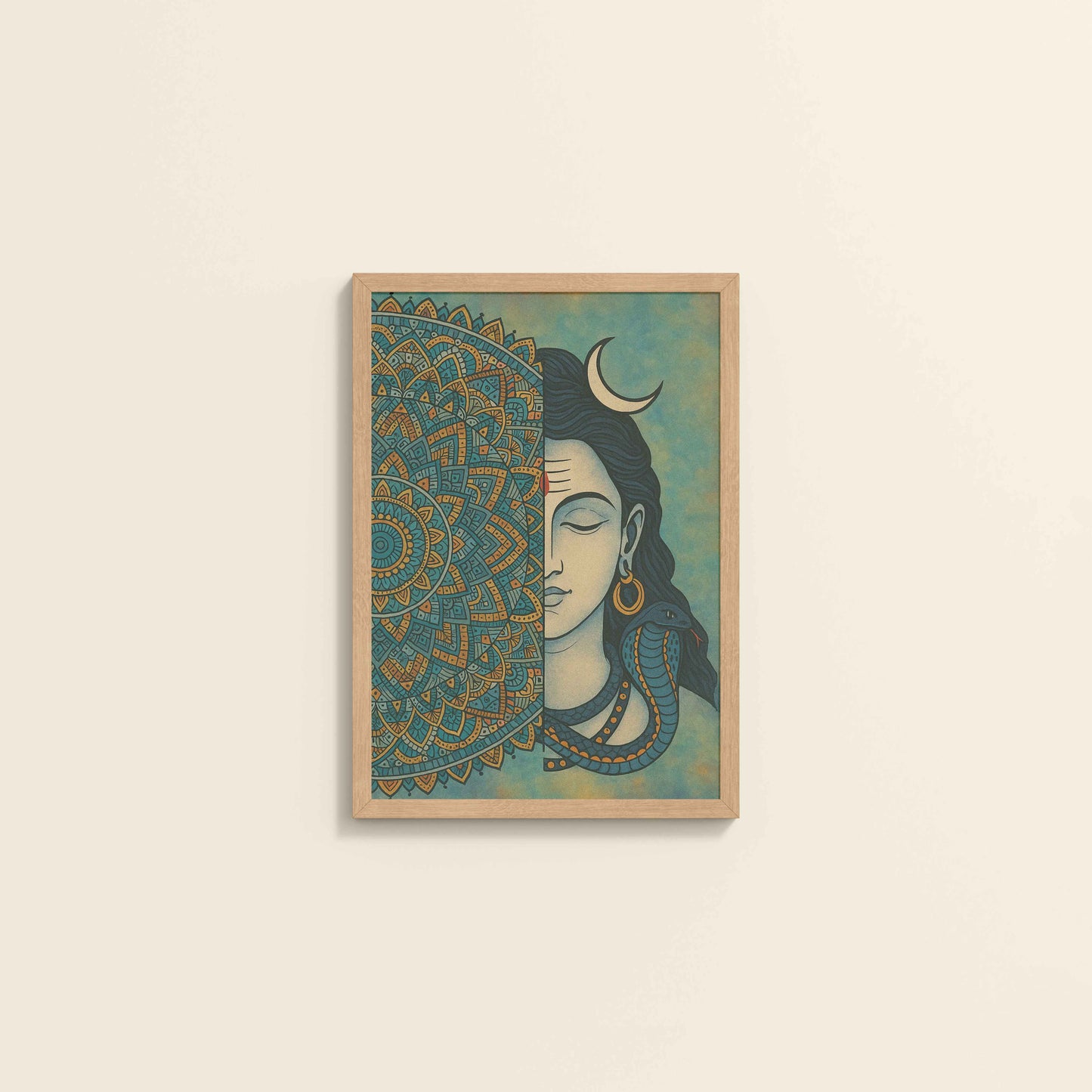 Wall View of Divine Meditator – Lord Shiva Mandala Artwork in Natrual Color Frame