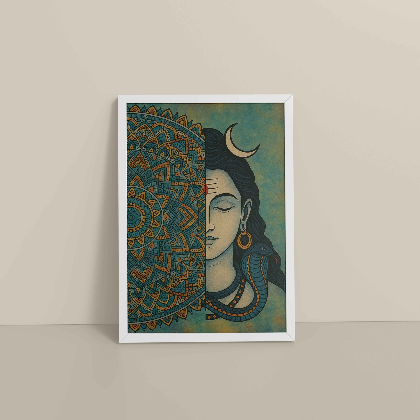 Floor View of Divine Meditator – Lord Shiva Mandala Artwork in White Color Frame