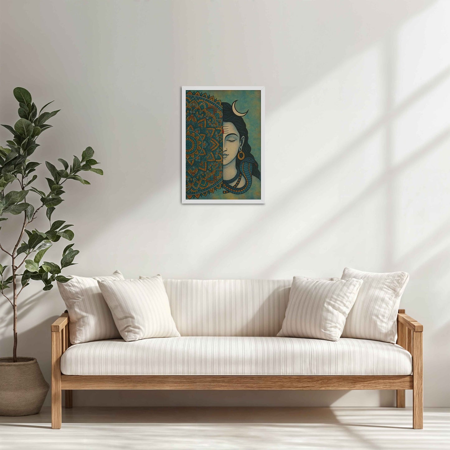 Living Room Cabinet Table Preview of Divine Meditator – Lord Shiva Mandala Artwork in White Color Frame