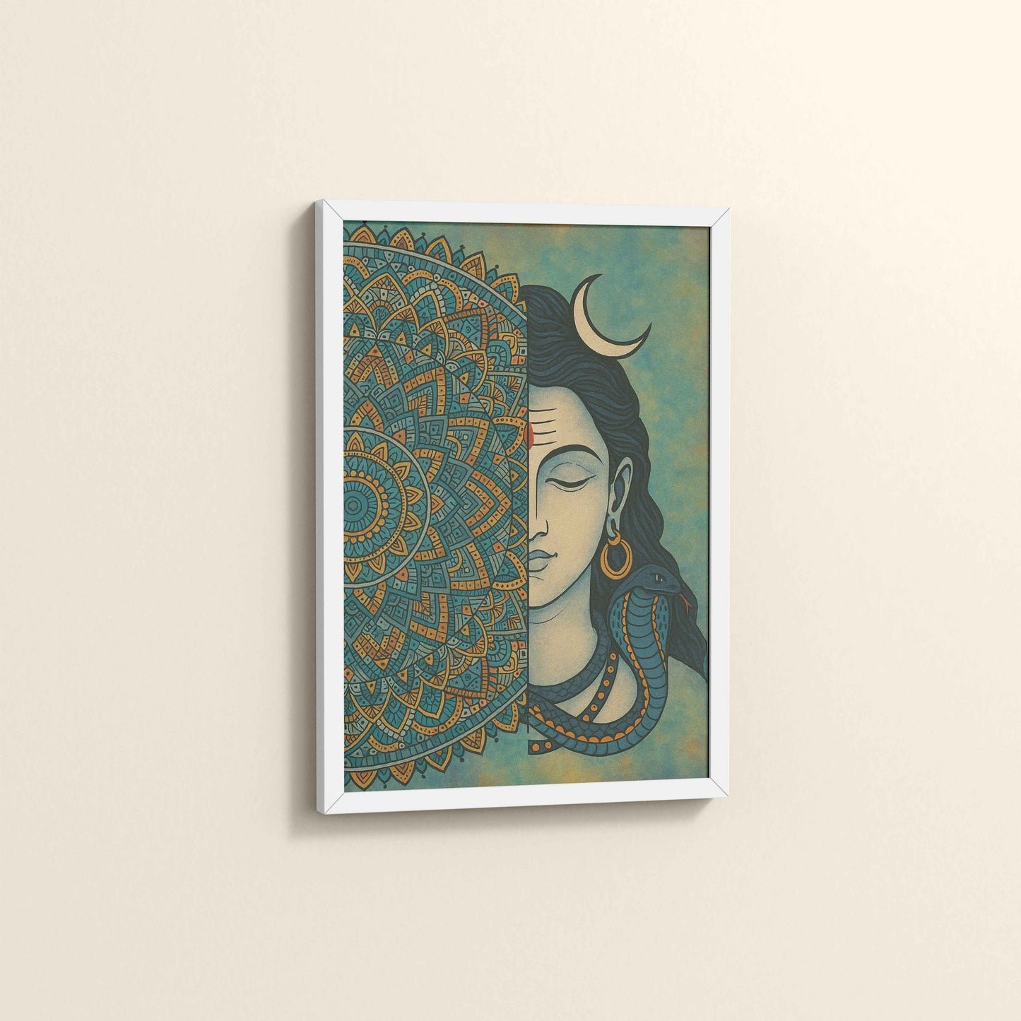 Side View of Divine Meditator – Lord Shiva Mandala Artwork in White Color Frame