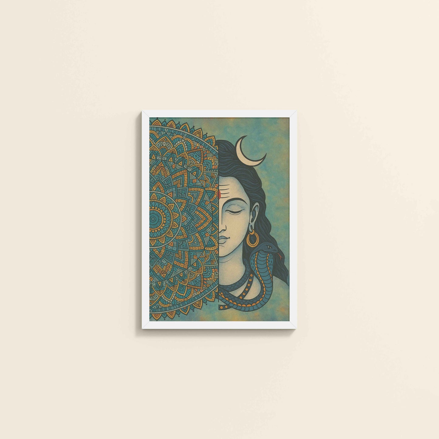 Wall View of Divine Meditator – Lord Shiva Mandala Artwork in White Color Frame