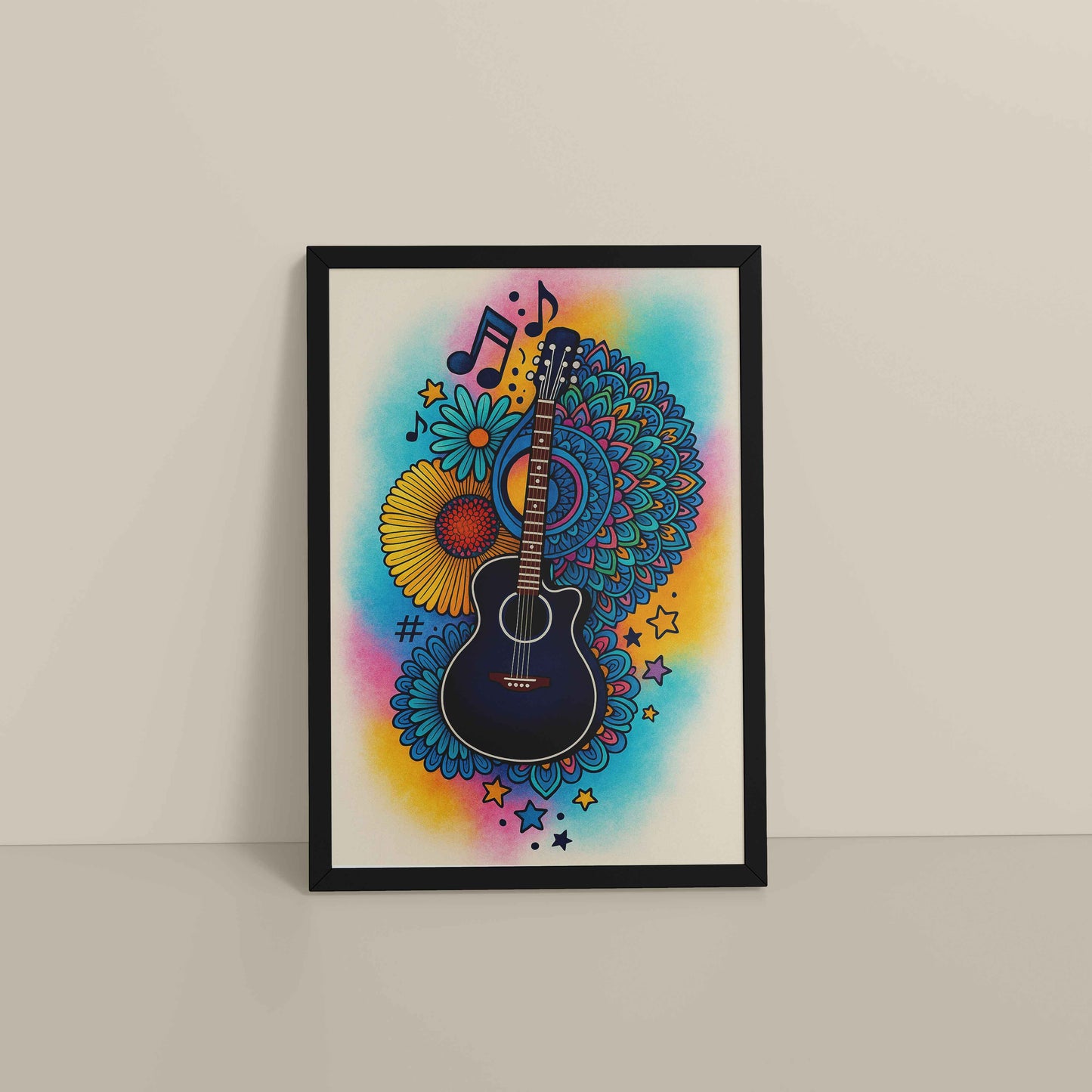 Floor View of Sound of Color – Guitar Mandala Wall Frame in Black Color Frame