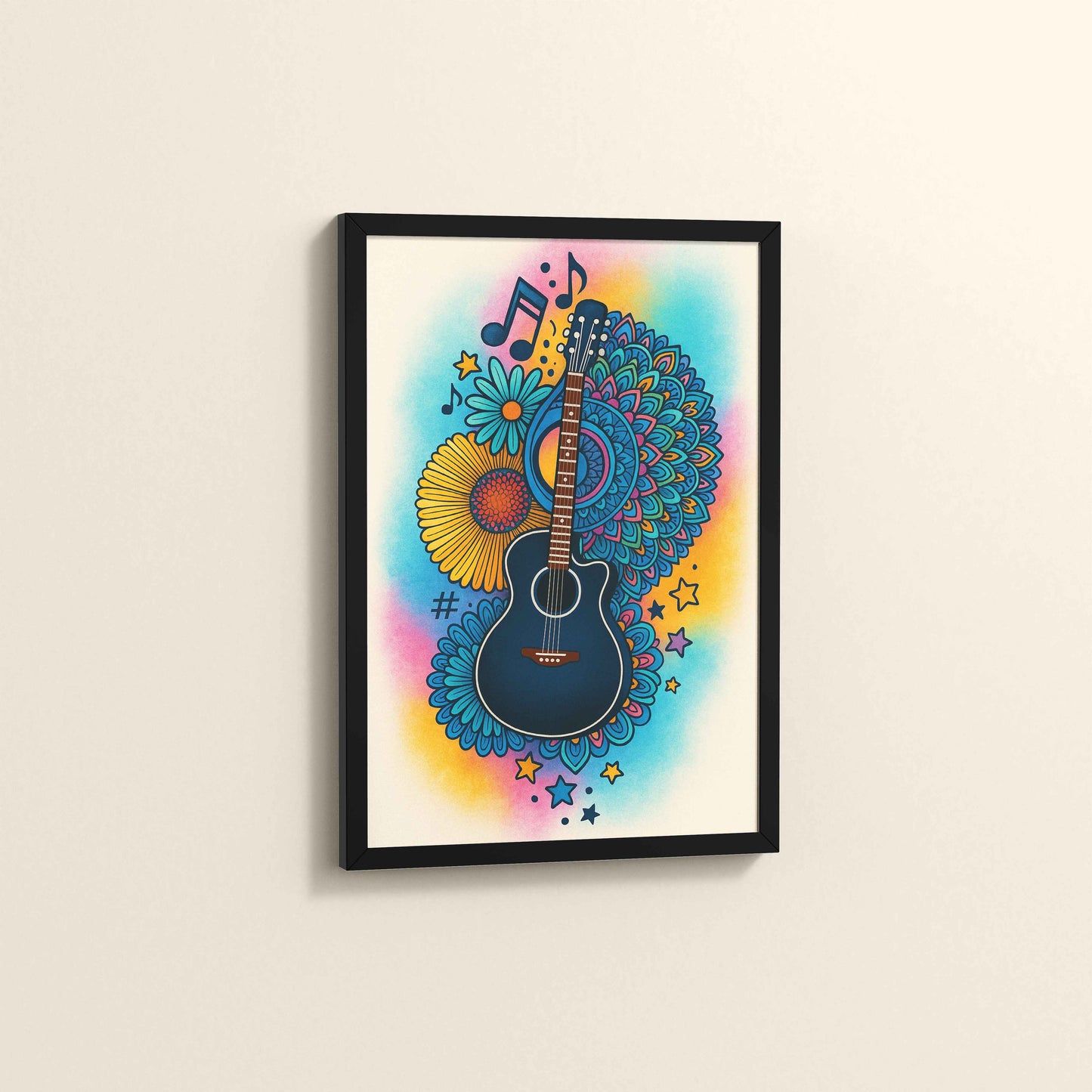 Side View of Sound of Color – Guitar Mandala Wall Frame in Black Color Frame