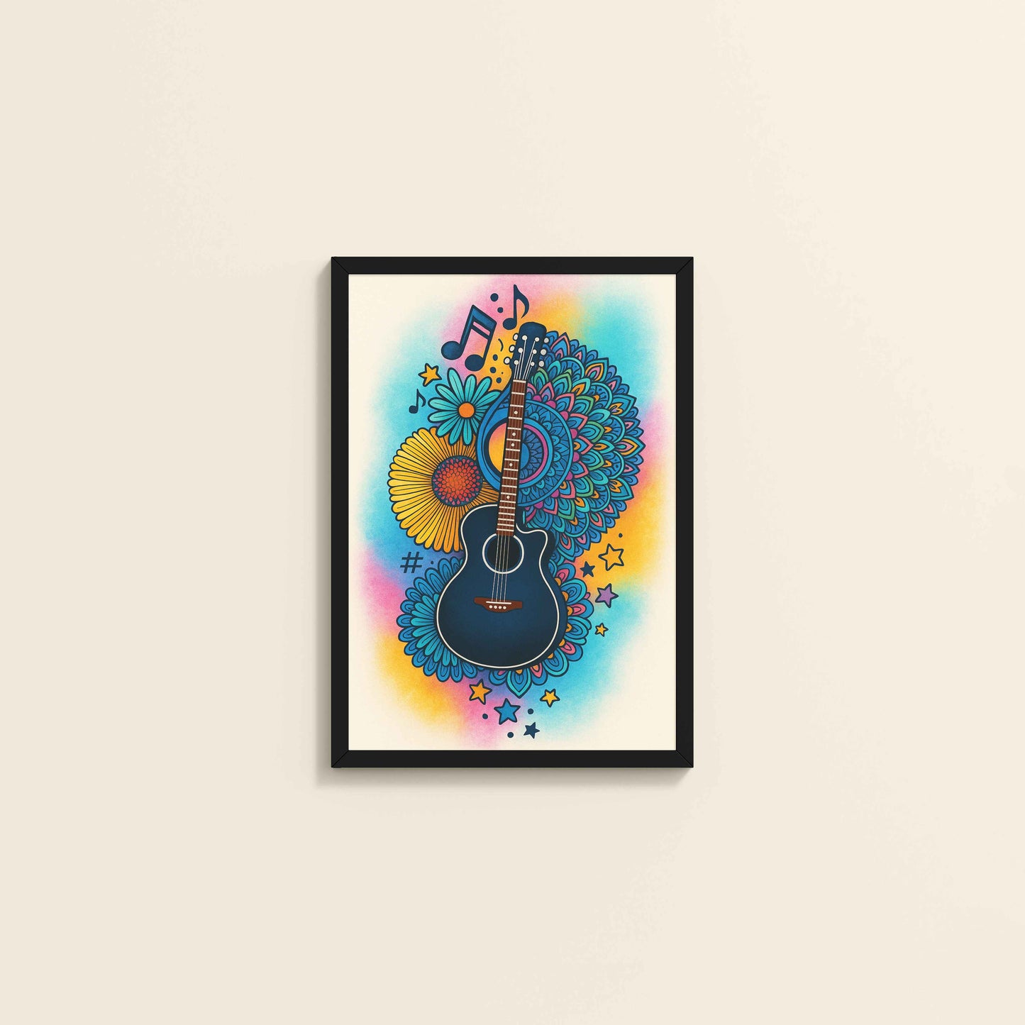 Wall View of Sound of Color – Guitar Mandala Wall Frame in Black Color Frame