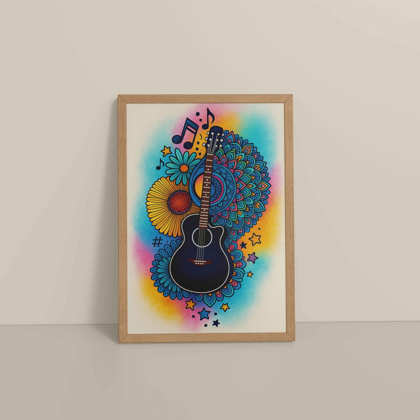 Floor View of Sound of Color – Guitar Mandala Wall Frame in Natrual Color Frame