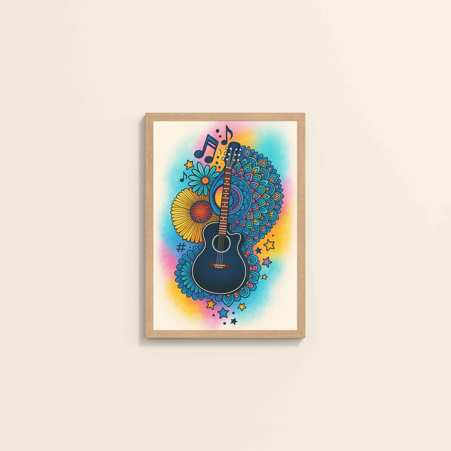 Wall View of Sound of Color – Guitar Mandala Wall Frame in Natrual Color Frame