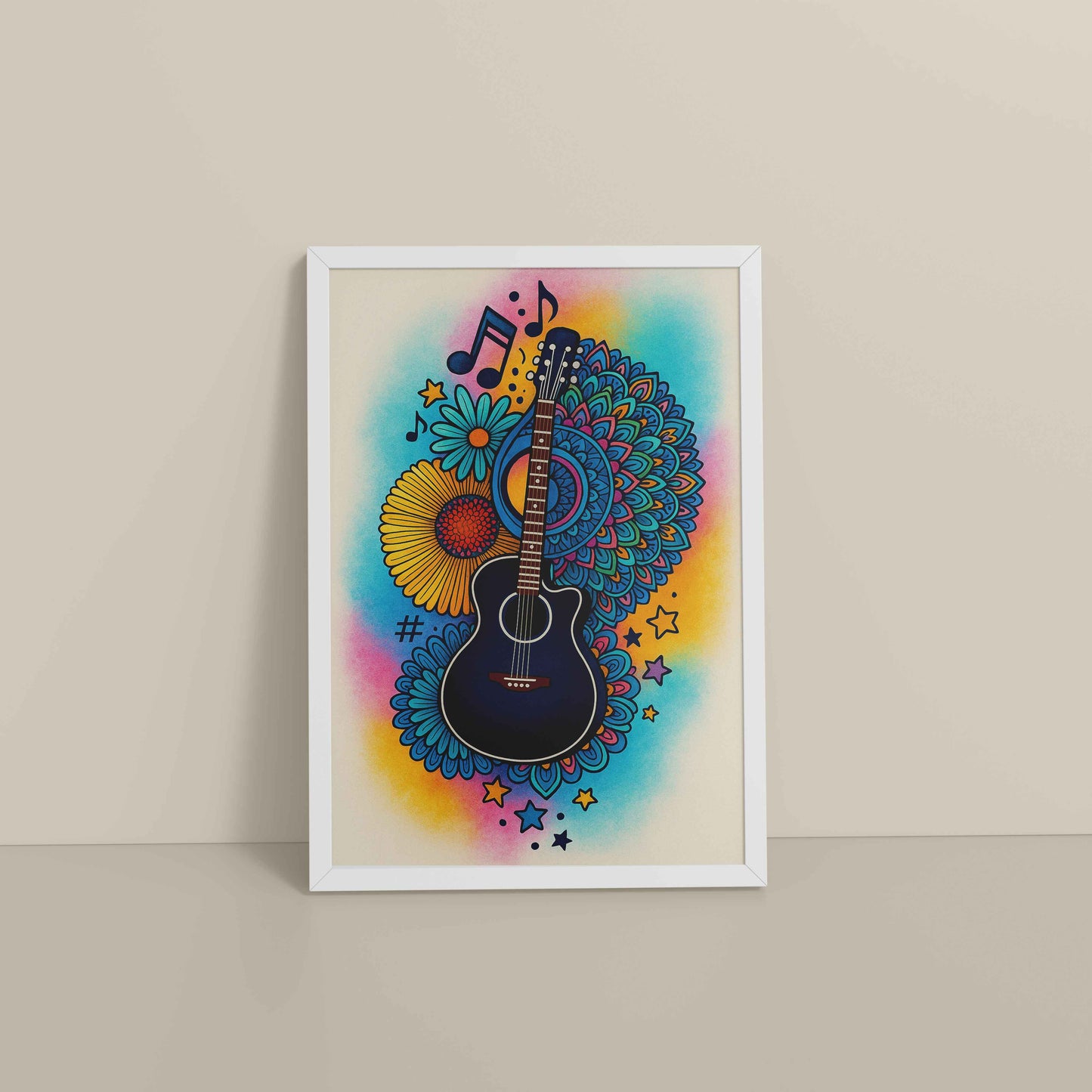 Floor View of Sound of Color – Guitar Mandala Wall Frame in White Color Frame