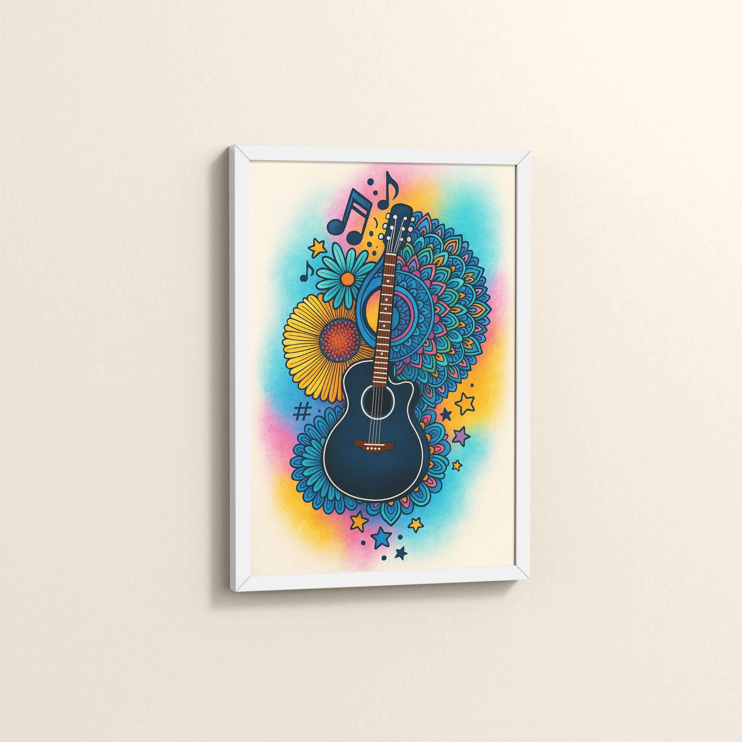 Side View of Sound of Color – Guitar Mandala Wall Frame in White Color Frame