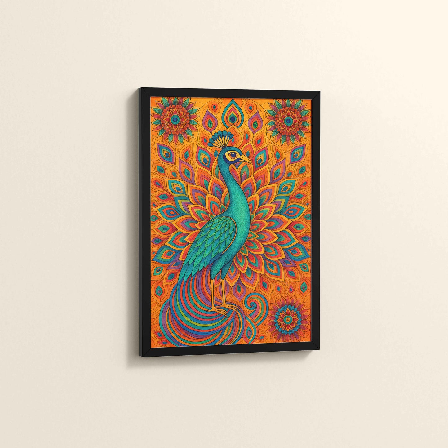 Side View of Serenity in Feathers – Peacock Mandala Wall Art in Black Color Frame