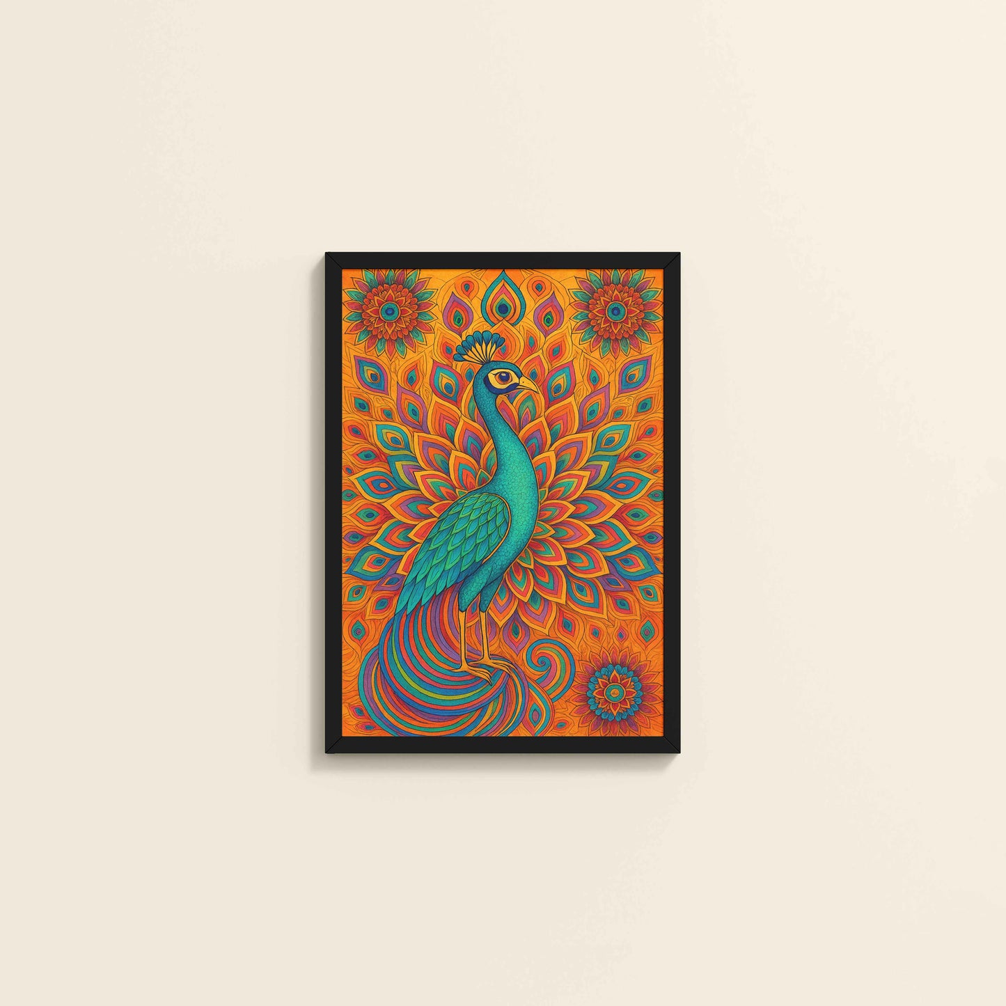 Wall View of Serenity in Feathers – Peacock Mandala Wall Art in Black Color Frame