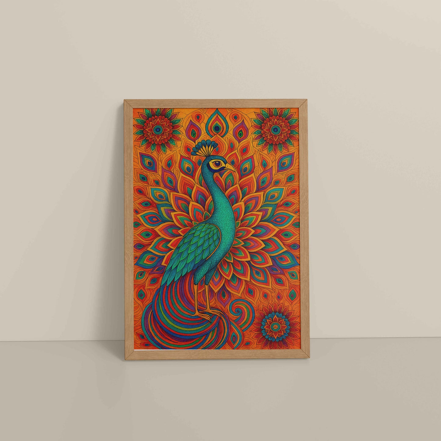 Floor View of Serenity in Feathers – Peacock Mandala Wall Art in Natrual Color Frame