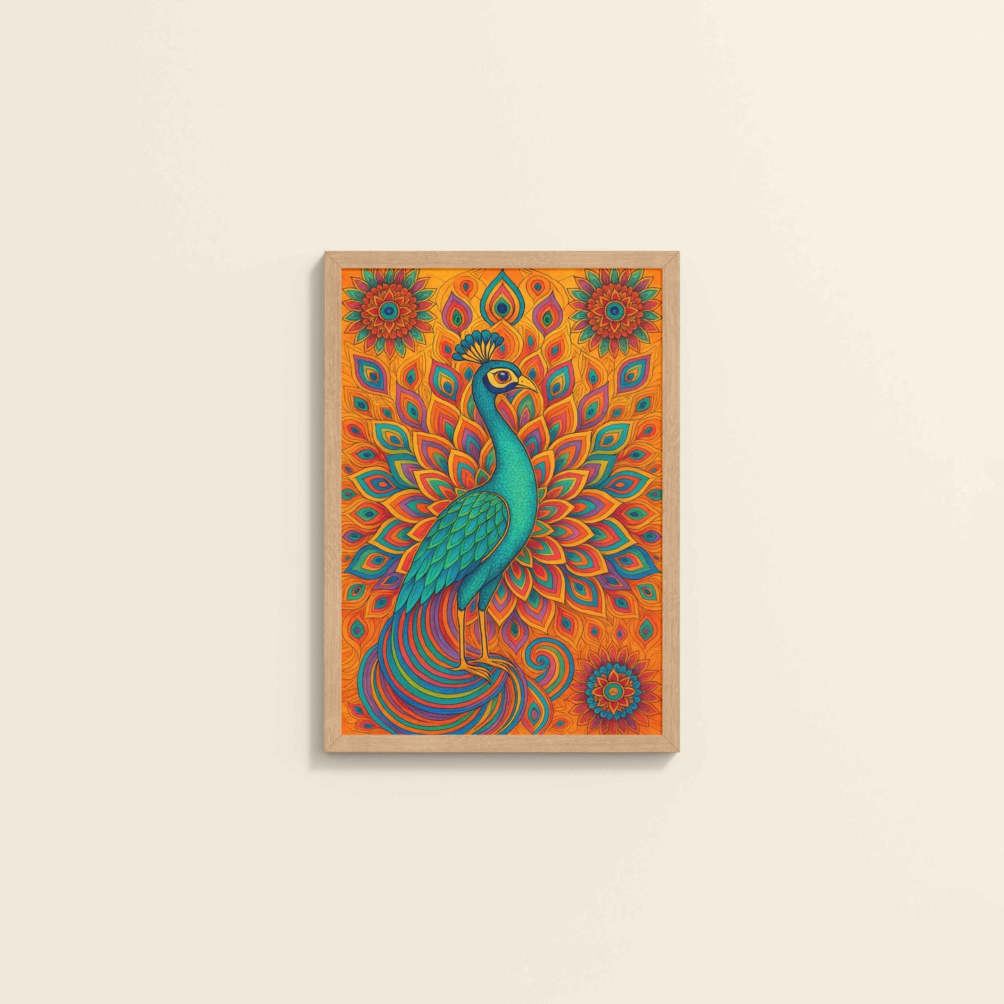 Wall View of Serenity in Feathers – Peacock Mandala Wall Art in Natrual Color Frame