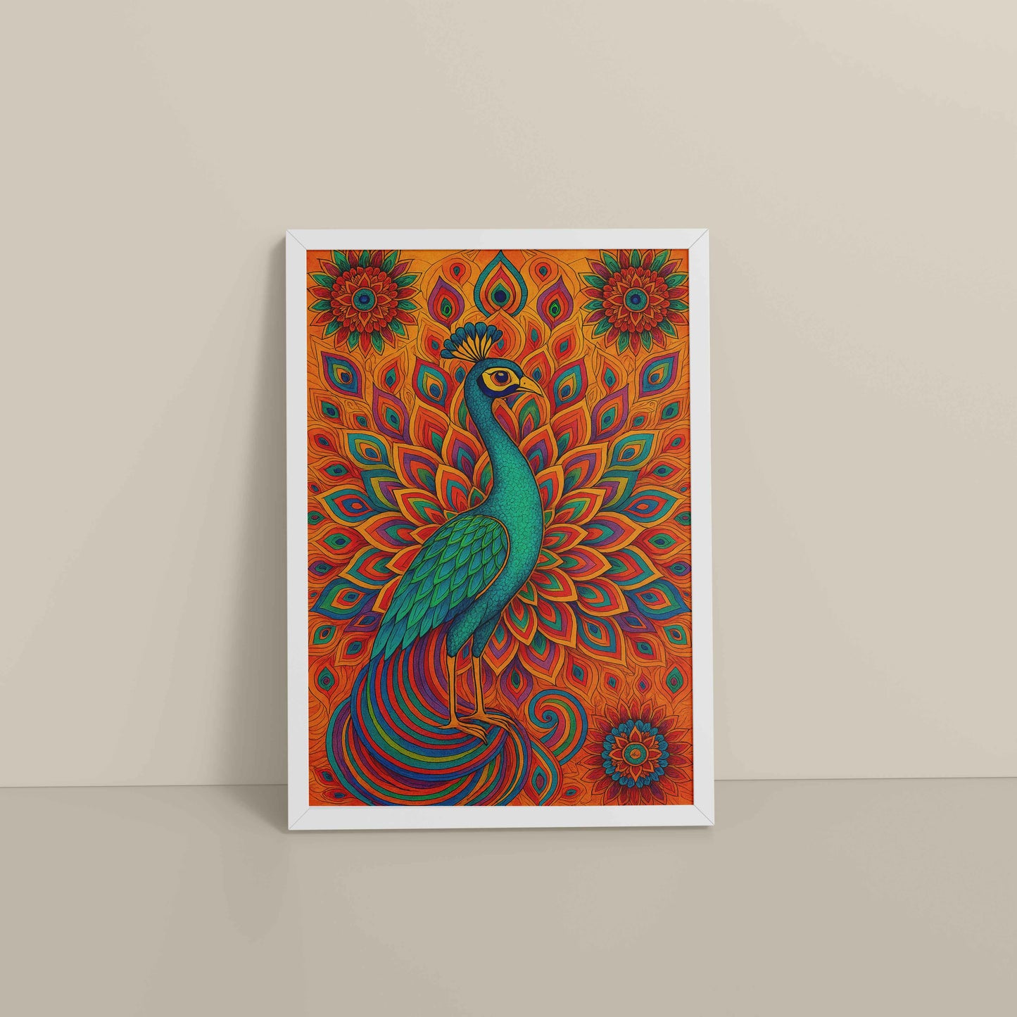 Floor View of Serenity in Feathers – Peacock Mandala Wall Art in White Color Frame