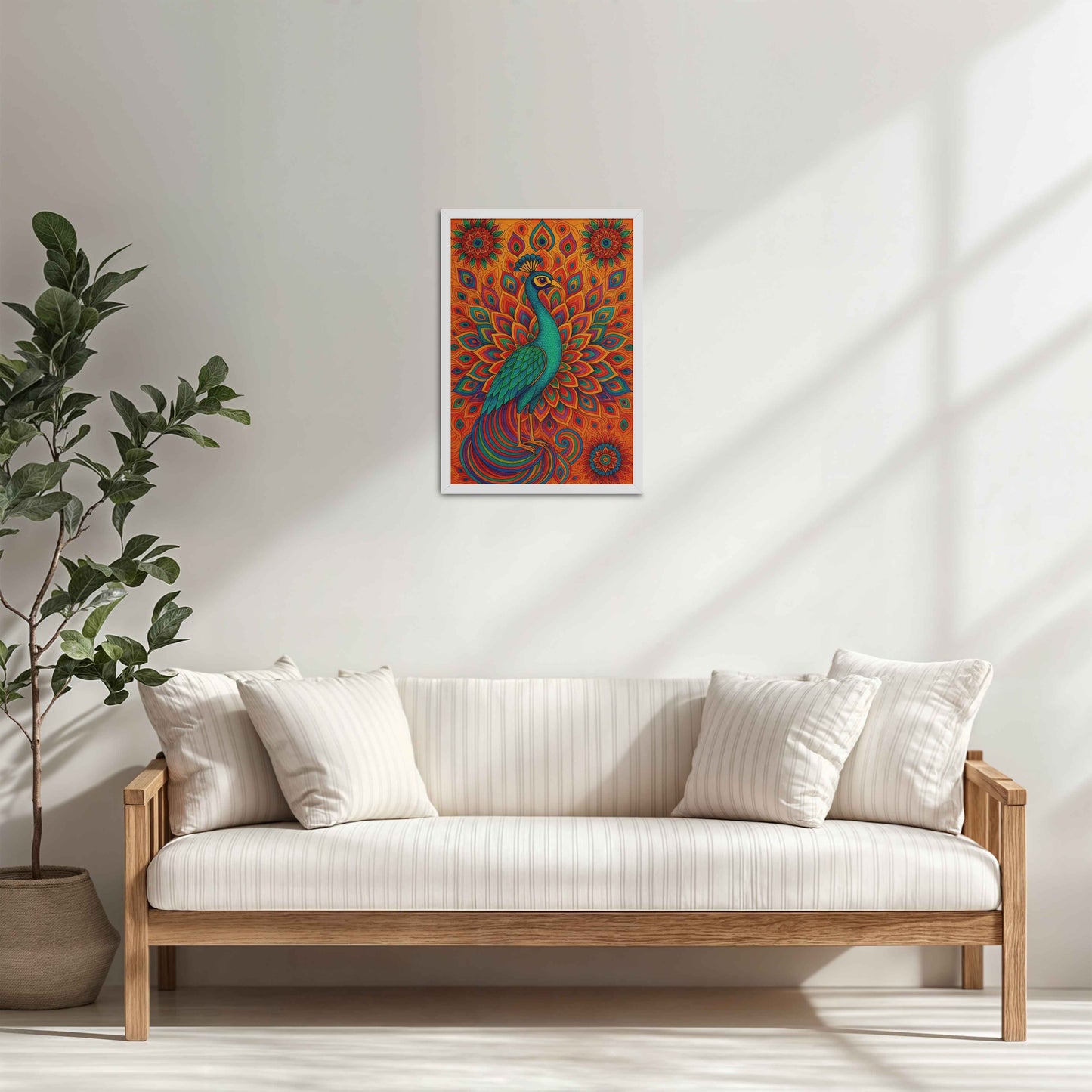 Living Room Cabinet Table Preview of Serenity in Feathers – Peacock Mandala Wall Art in White Color Frame