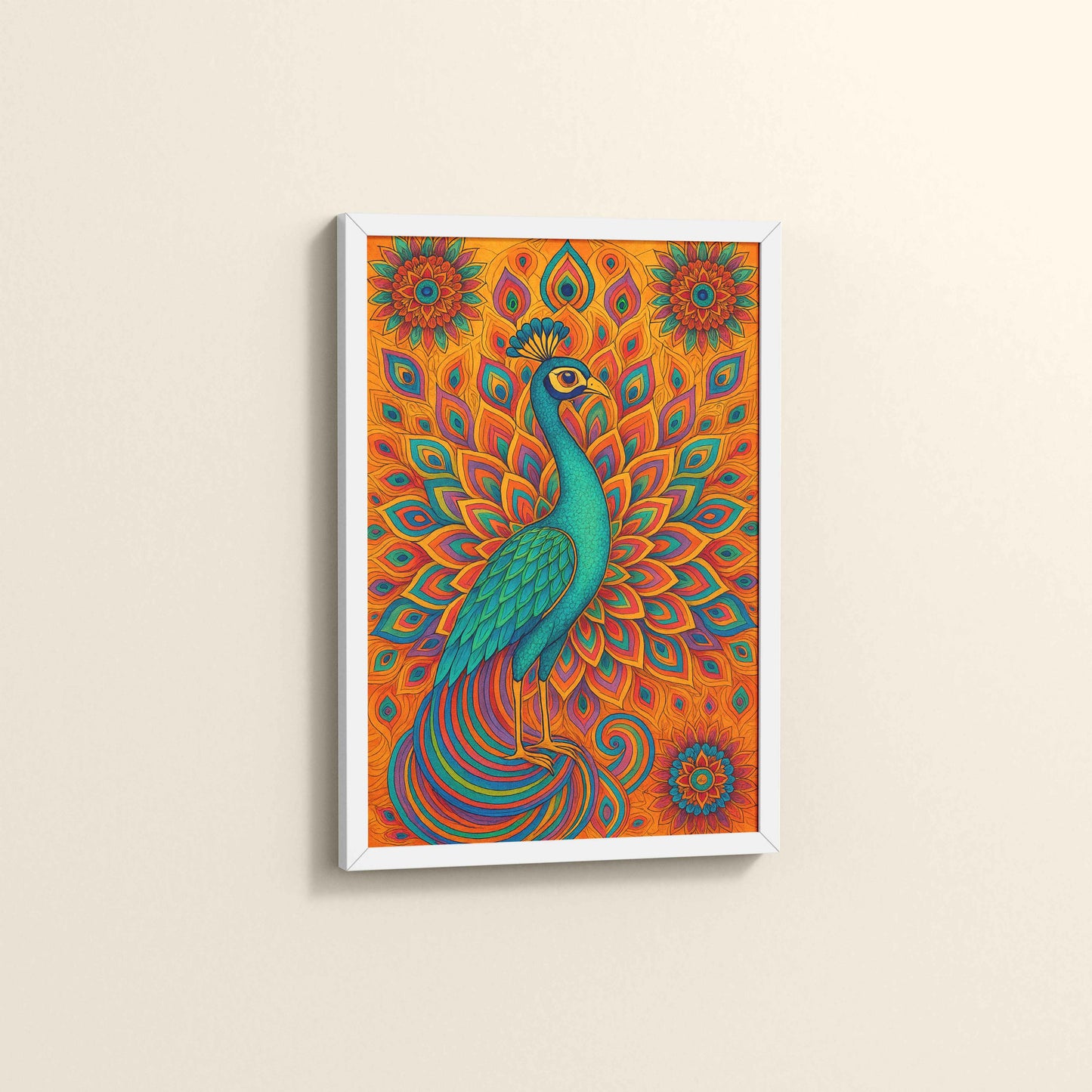 Side View of Serenity in Feathers – Peacock Mandala Wall Art in White Color Frame