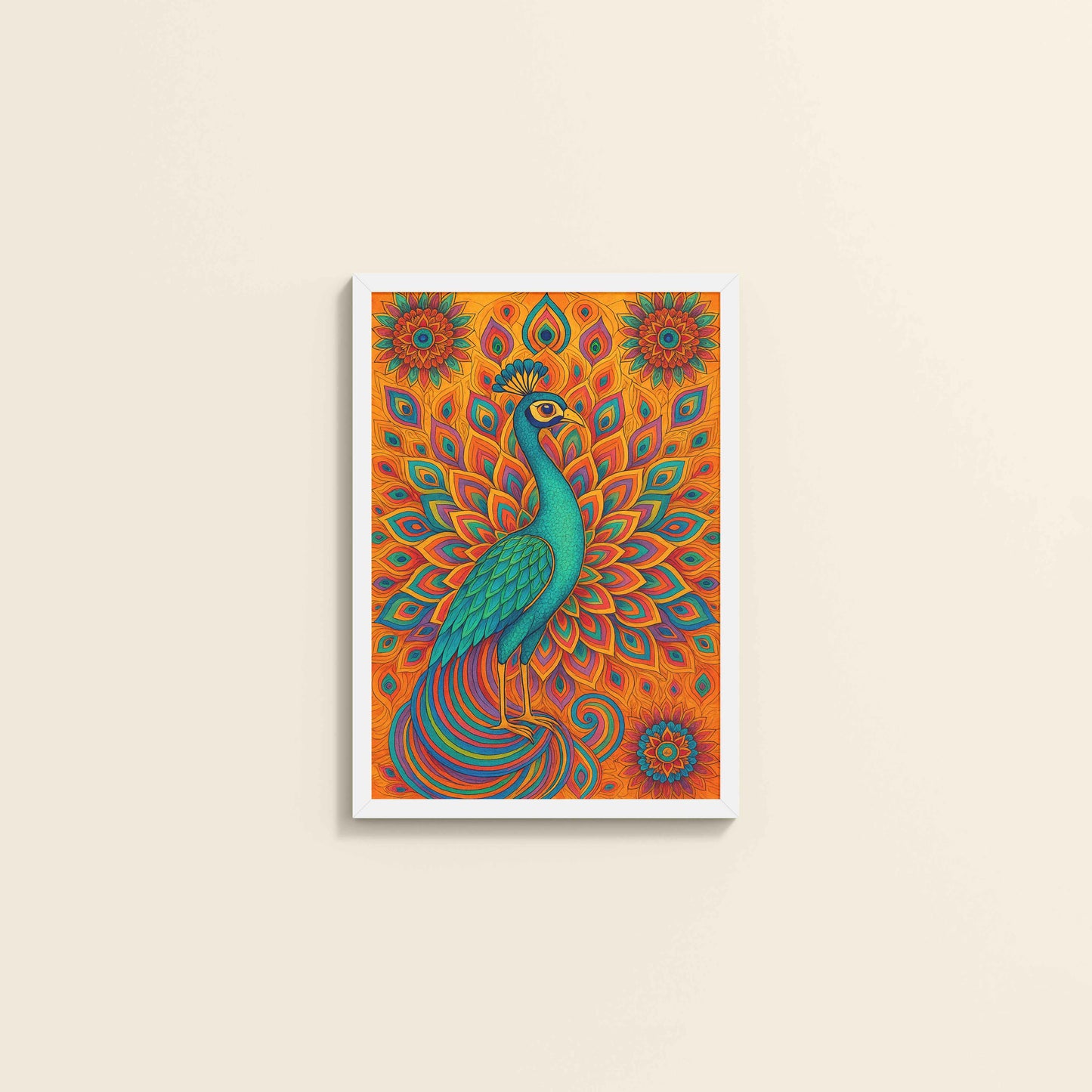 Wall View of Serenity in Feathers – Peacock Mandala Wall Art in White Color Frame