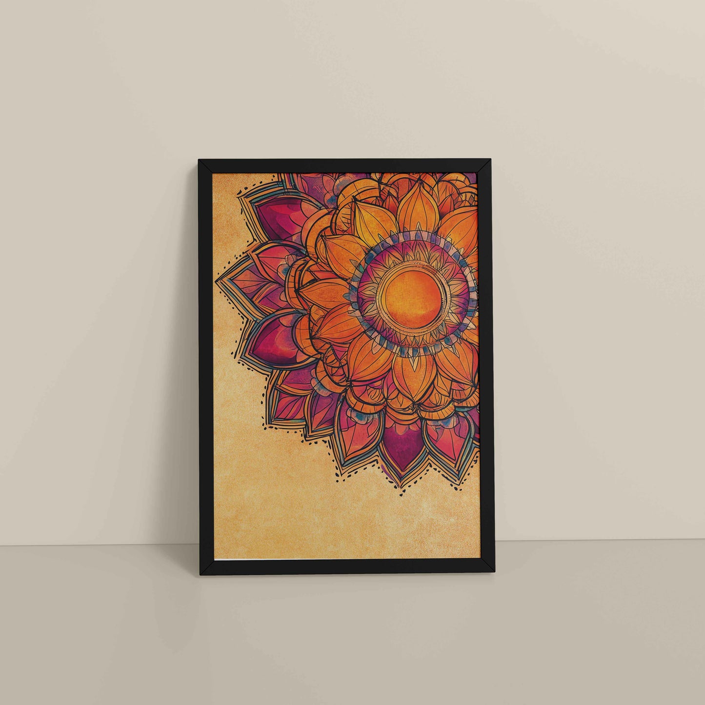 Floor View of Sacred Bloom – Abstract Flower Mandala Painting in Black Color Frame