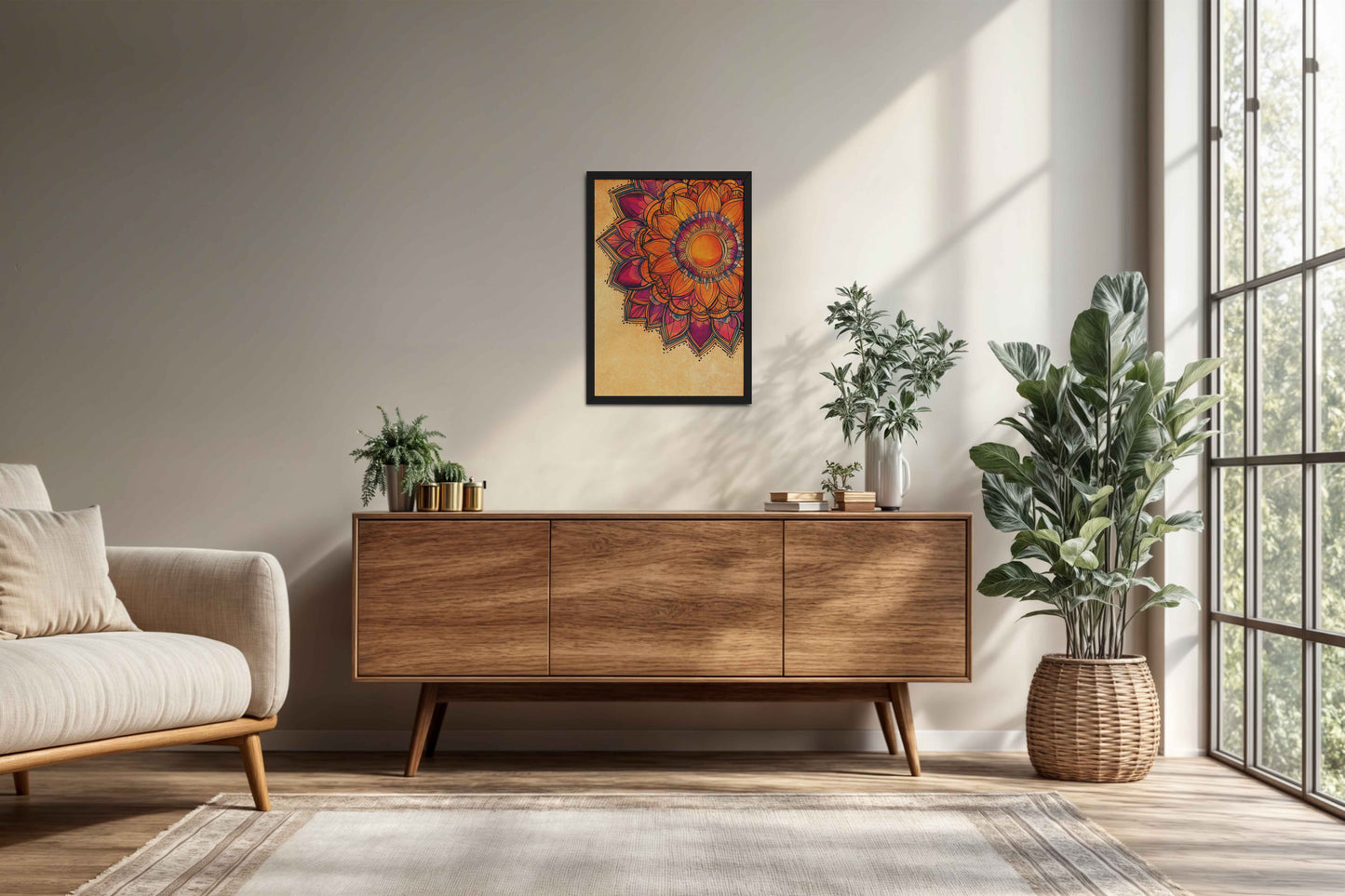 Living Room Cabinet Preview of Sacred Bloom – Abstract Flower Mandala Painting in Black Color Frame