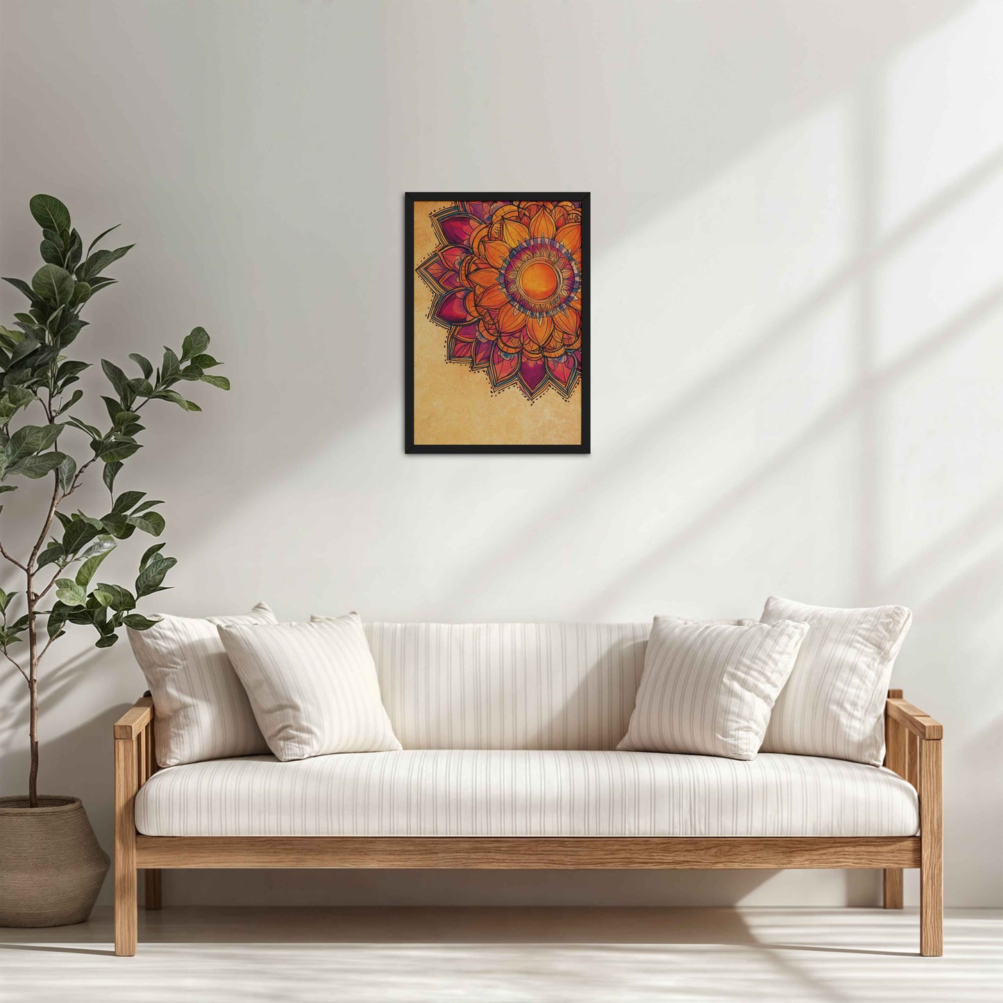 Living Room Cabinet Table Preview of Sacred Bloom – Abstract Flower Mandala Painting in Black Color Frame