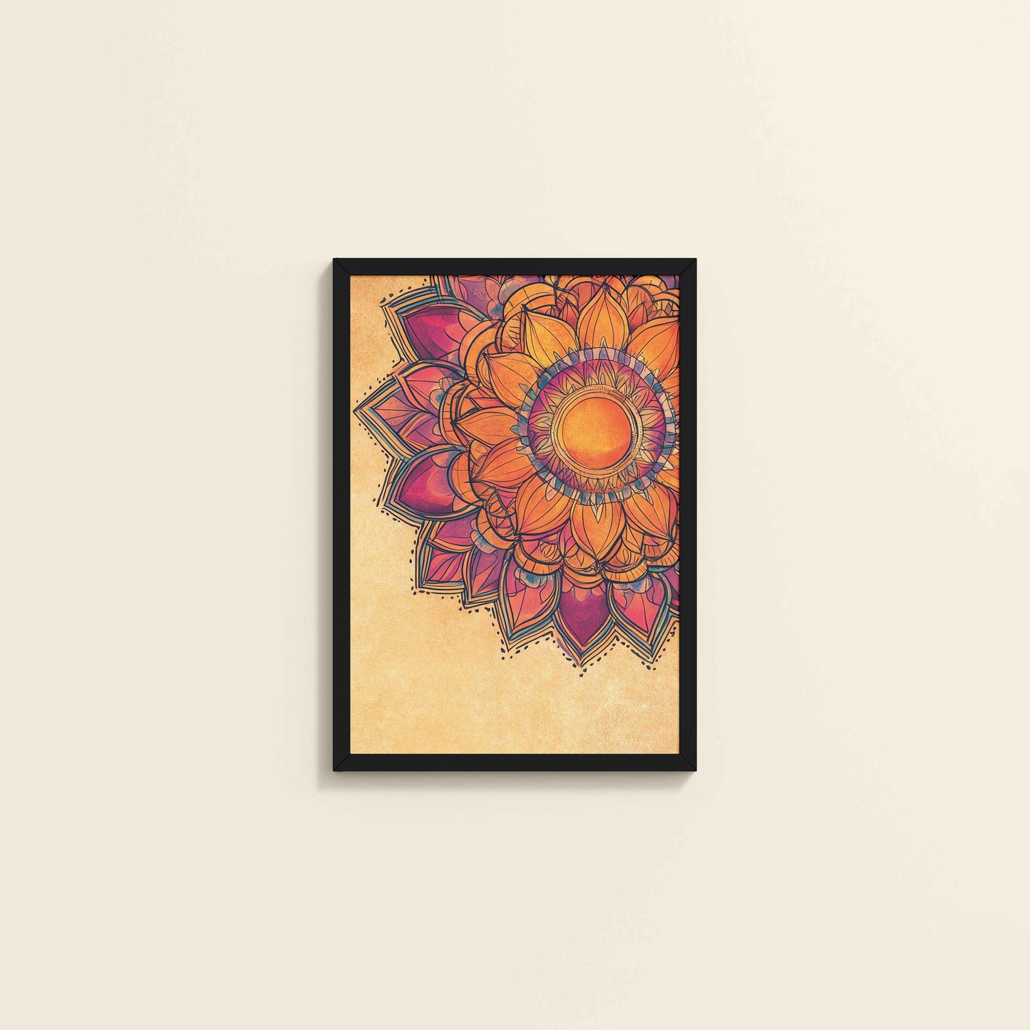 Wall View of Sacred Bloom – Abstract Flower Mandala Painting in Black Color Frame