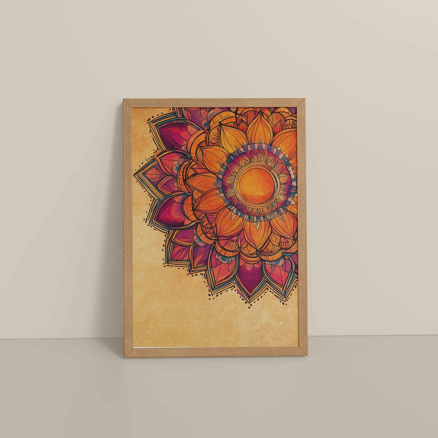 Floor View of Sacred Bloom – Abstract Flower Mandala Painting in Natrual Color Frame