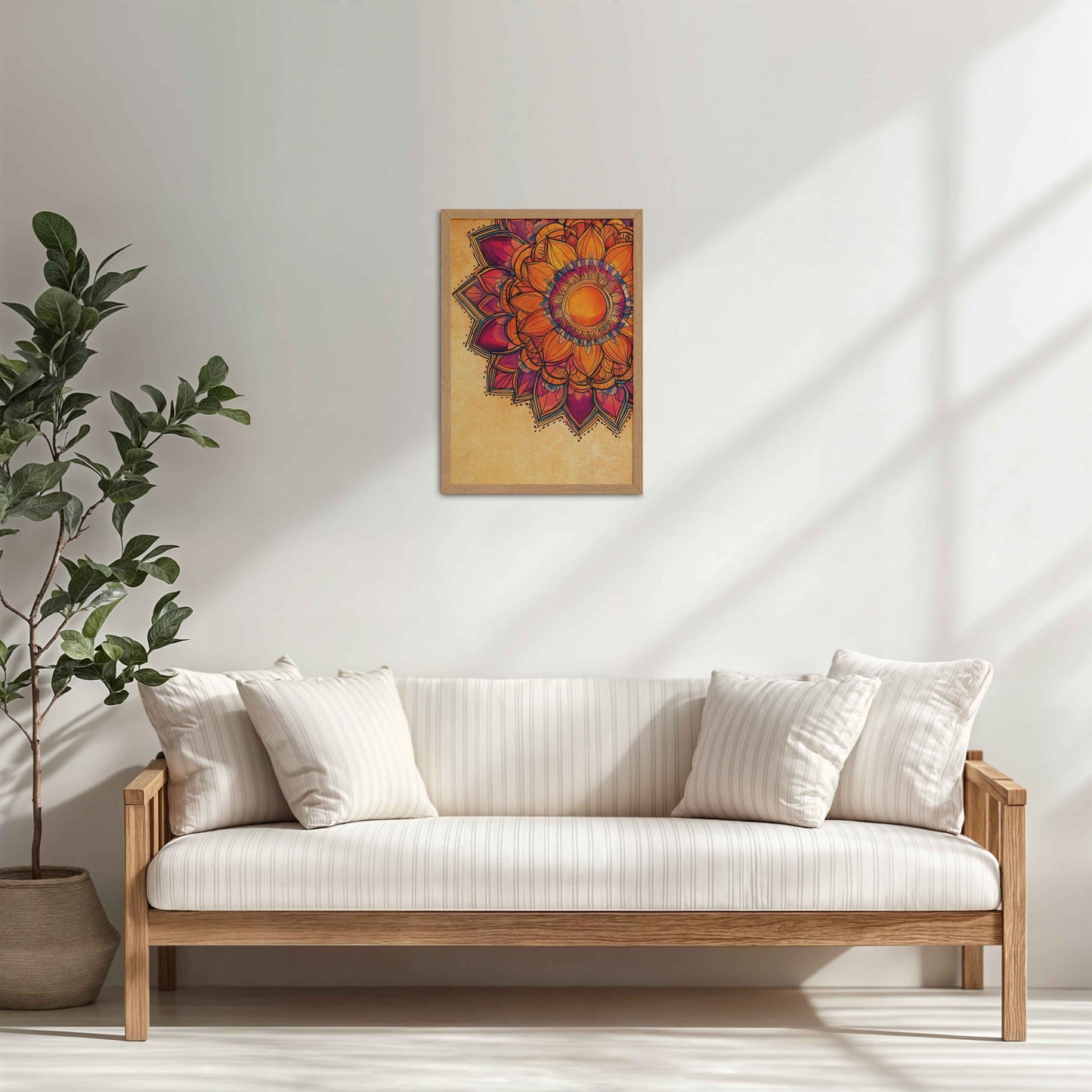 Living Room Cabinet Table Preview of Sacred Bloom – Abstract Flower Mandala Painting in Natrual Color Frame
