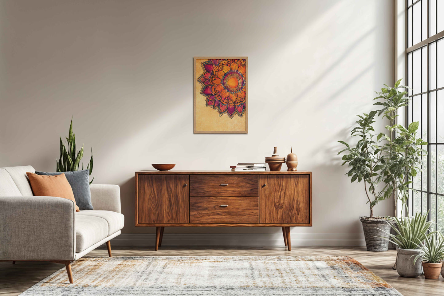 Living Room Sofa Preview of Sacred Bloom – Abstract Flower Mandala Painting in Natrual Color Frame