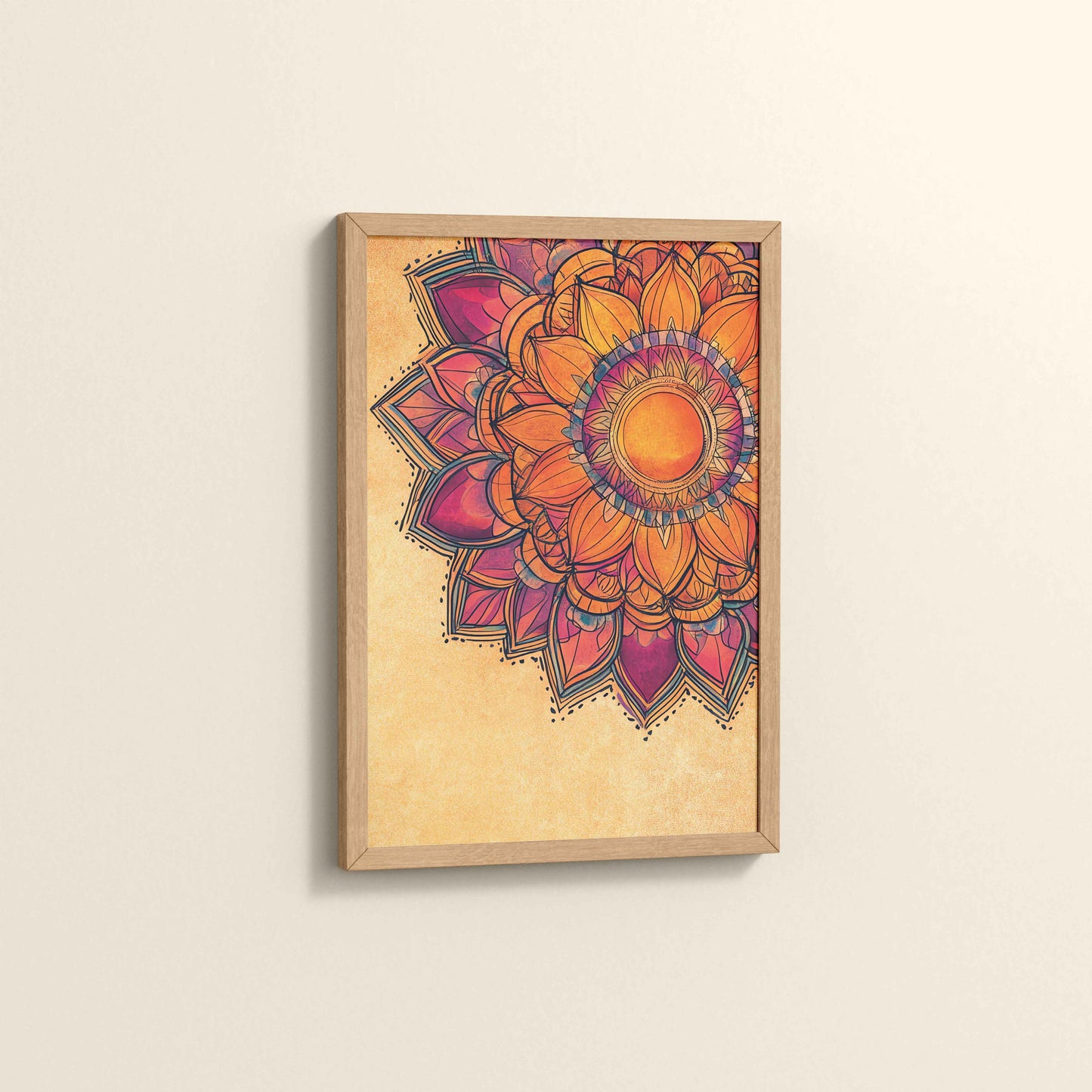 Side View of Sacred Bloom – Abstract Flower Mandala Painting in Natrual Color Frame