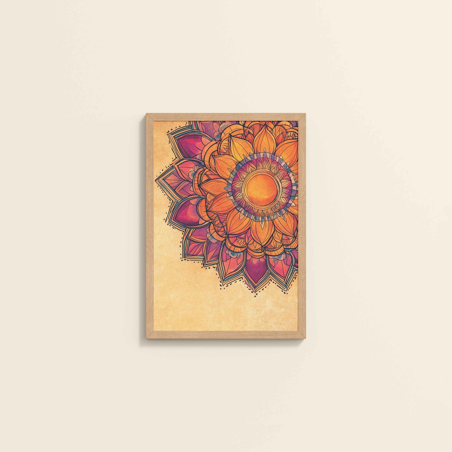 Wall View of Sacred Bloom – Abstract Flower Mandala Painting in Natrual Color Frame