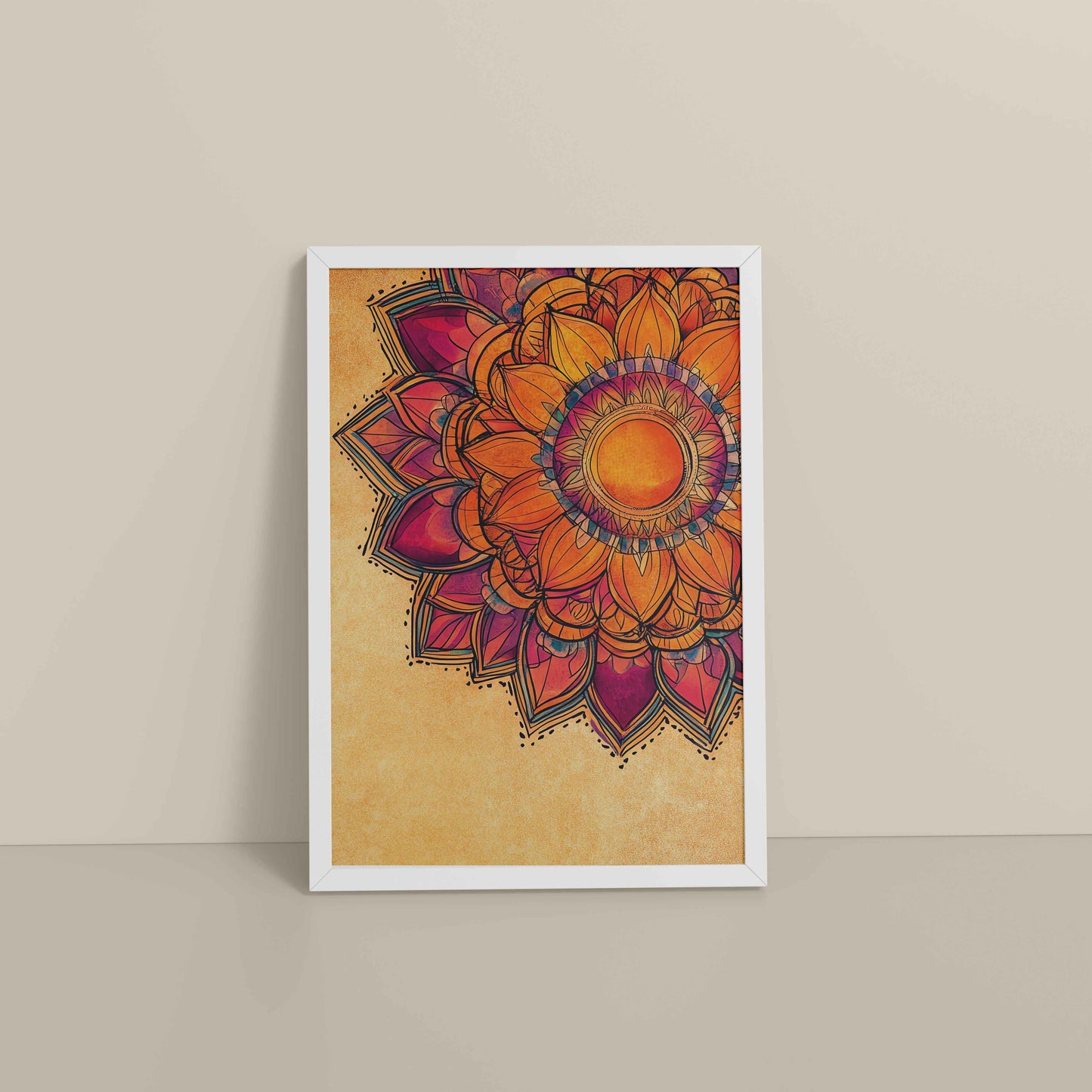 Floor View of Sacred Bloom – Abstract Flower Mandala Painting in White Color Frame