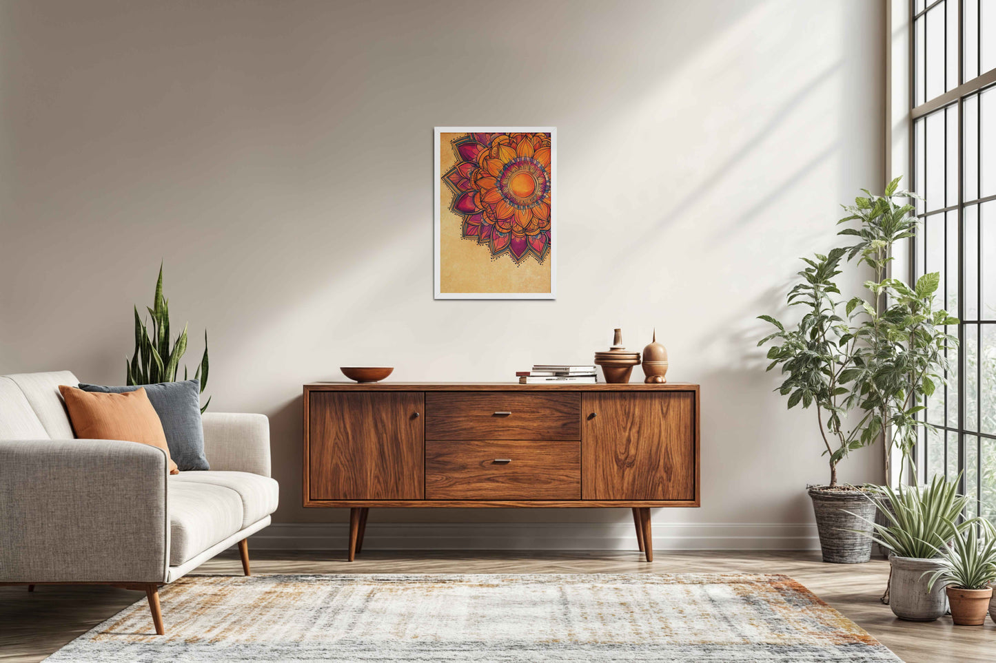 Living Room Sofa Preview of Sacred Bloom – Abstract Flower Mandala Painting in White Color Frame