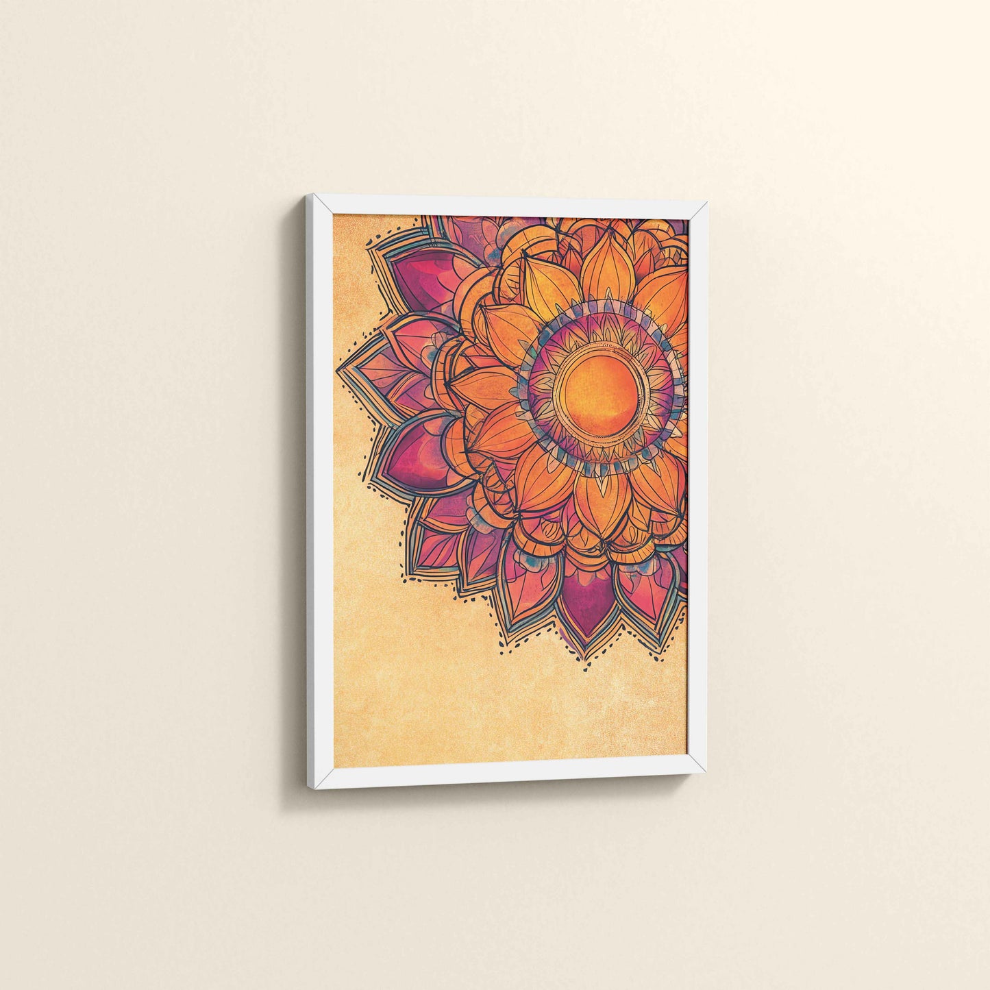 Side View of Sacred Bloom – Abstract Flower Mandala Painting in White Color Frame