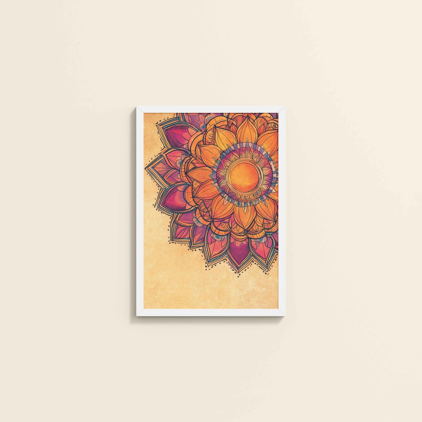 Wall View of Sacred Bloom – Abstract Flower Mandala Painting in White Color Frame