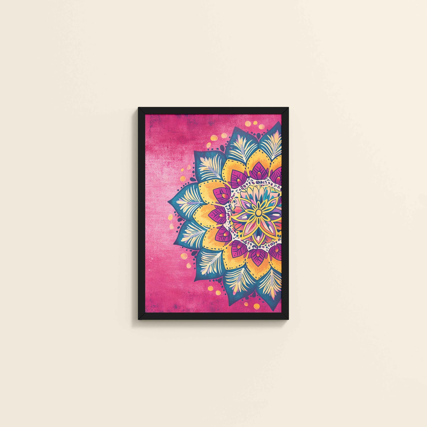 Wall View of Circle of Petals – Floral Mandala Art in Black Color Frame