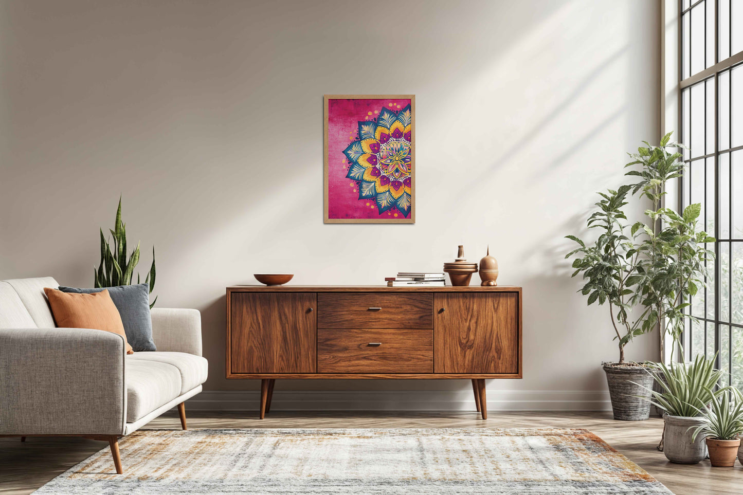 Living Room Sofa Preview of Circle of Petals – Floral Mandala Art in Natrual Color Frame