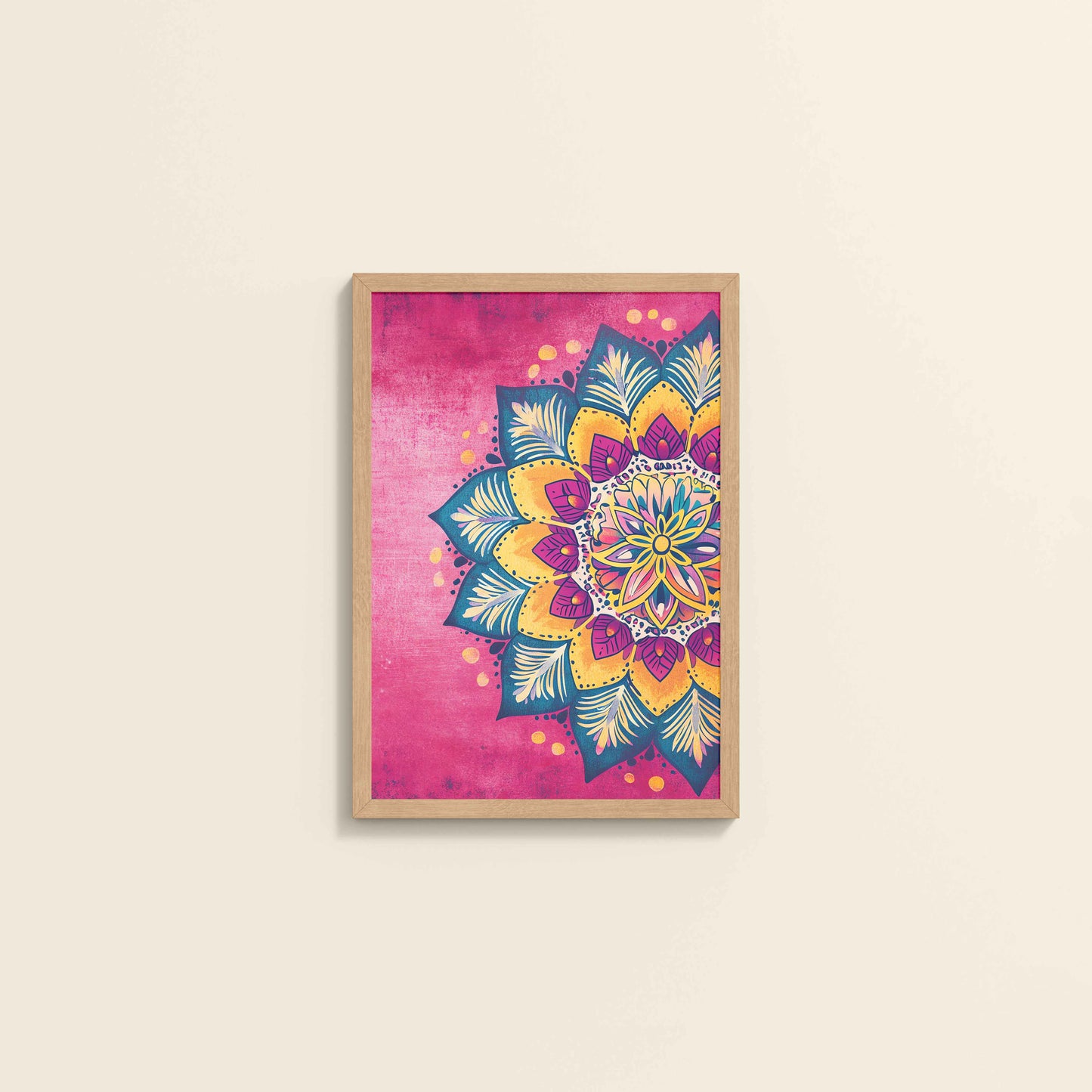 Wall View of Circle of Petals – Floral Mandala Art in Natrual Color Frame