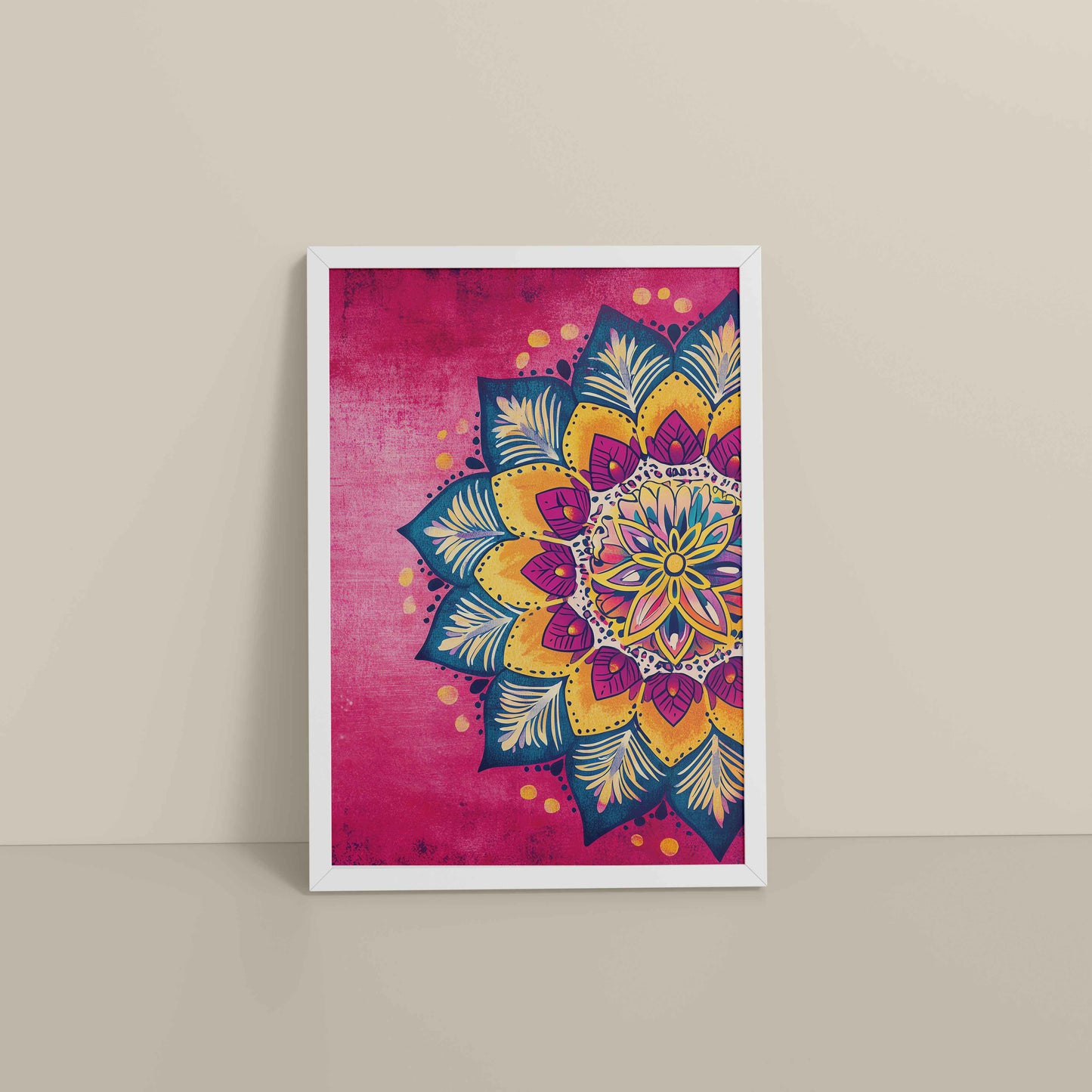 Floor View of Circle of Petals – Floral Mandala Art in White Color Frame