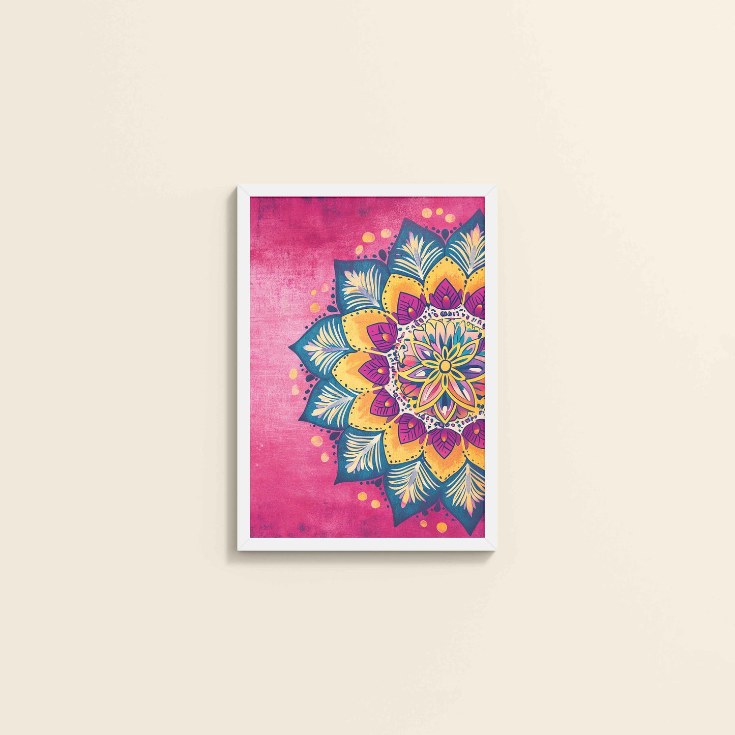 Wall View of Circle of Petals – Floral Mandala Art in White Color Frame