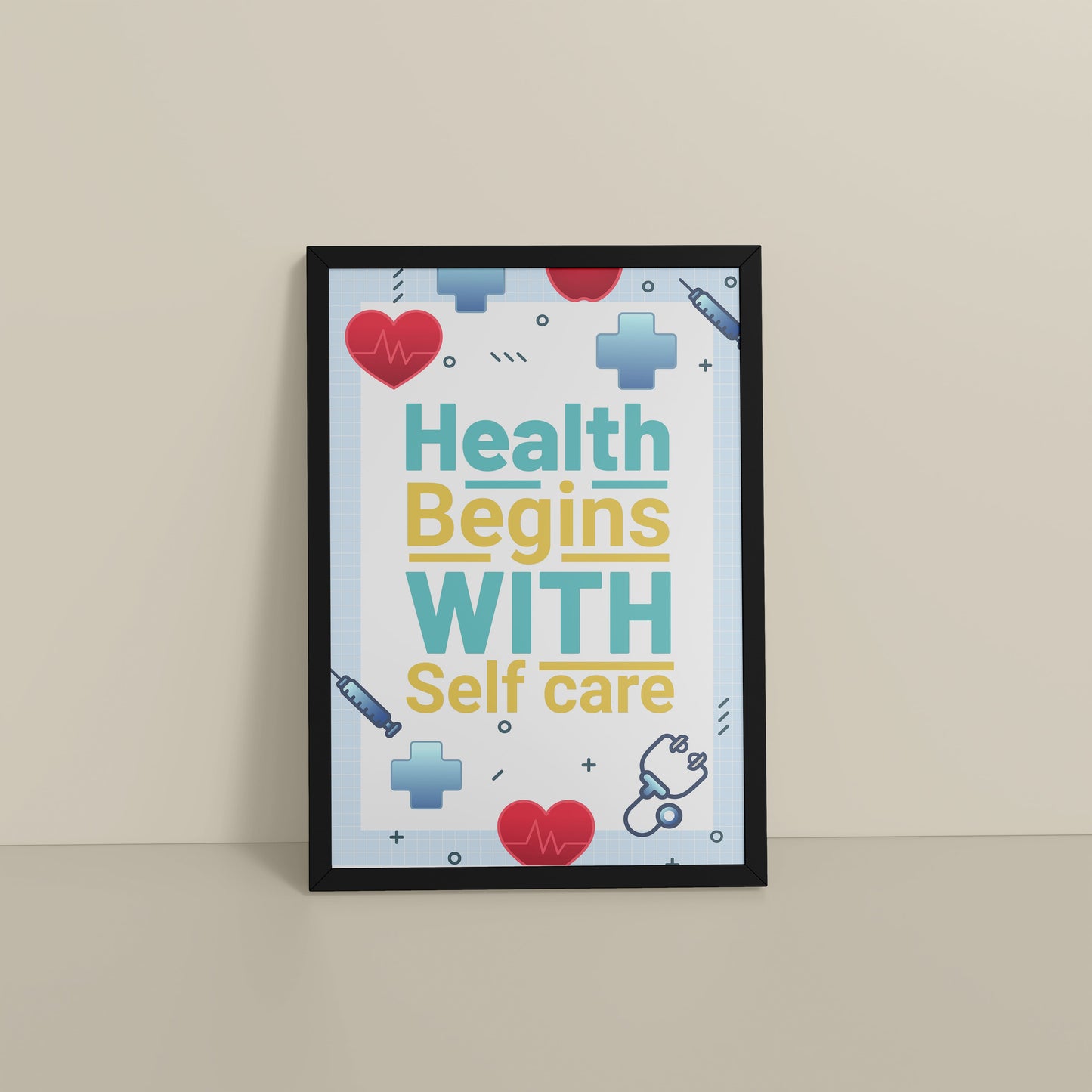 Floor View of Health Begins with Self Care Inspirational Quote Photo Frame in Black Color Frame