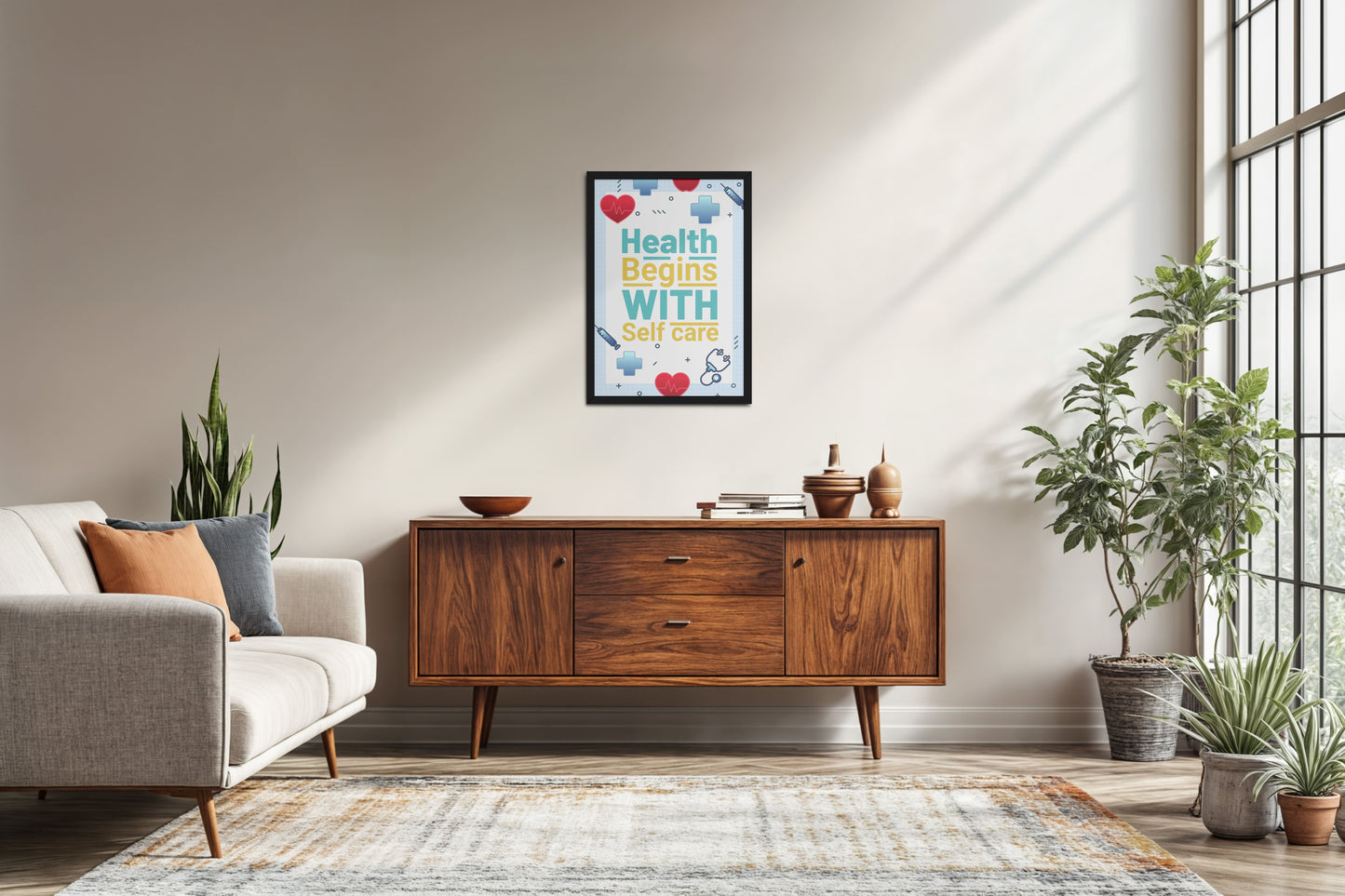 Living Room Sofa Preview of Health Begins with Self Care Inspirational Quote Photo Frame in Black Color Frame