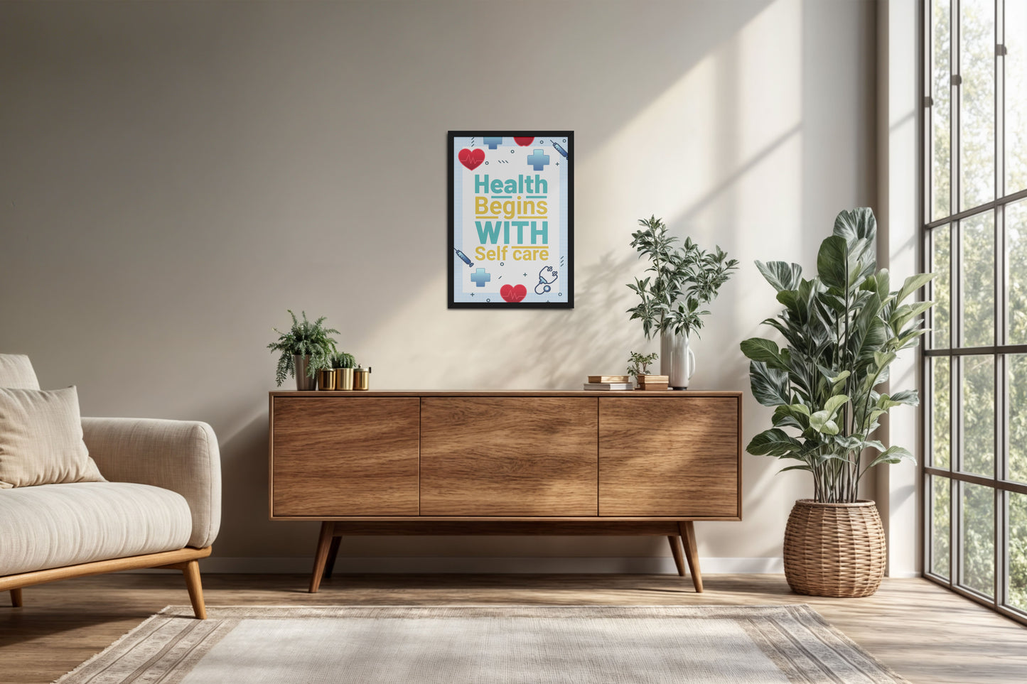 Living Room Cabinet Preview of Health Begins with Self Care Inspirational Quote Photo Frame in Black Color Frame