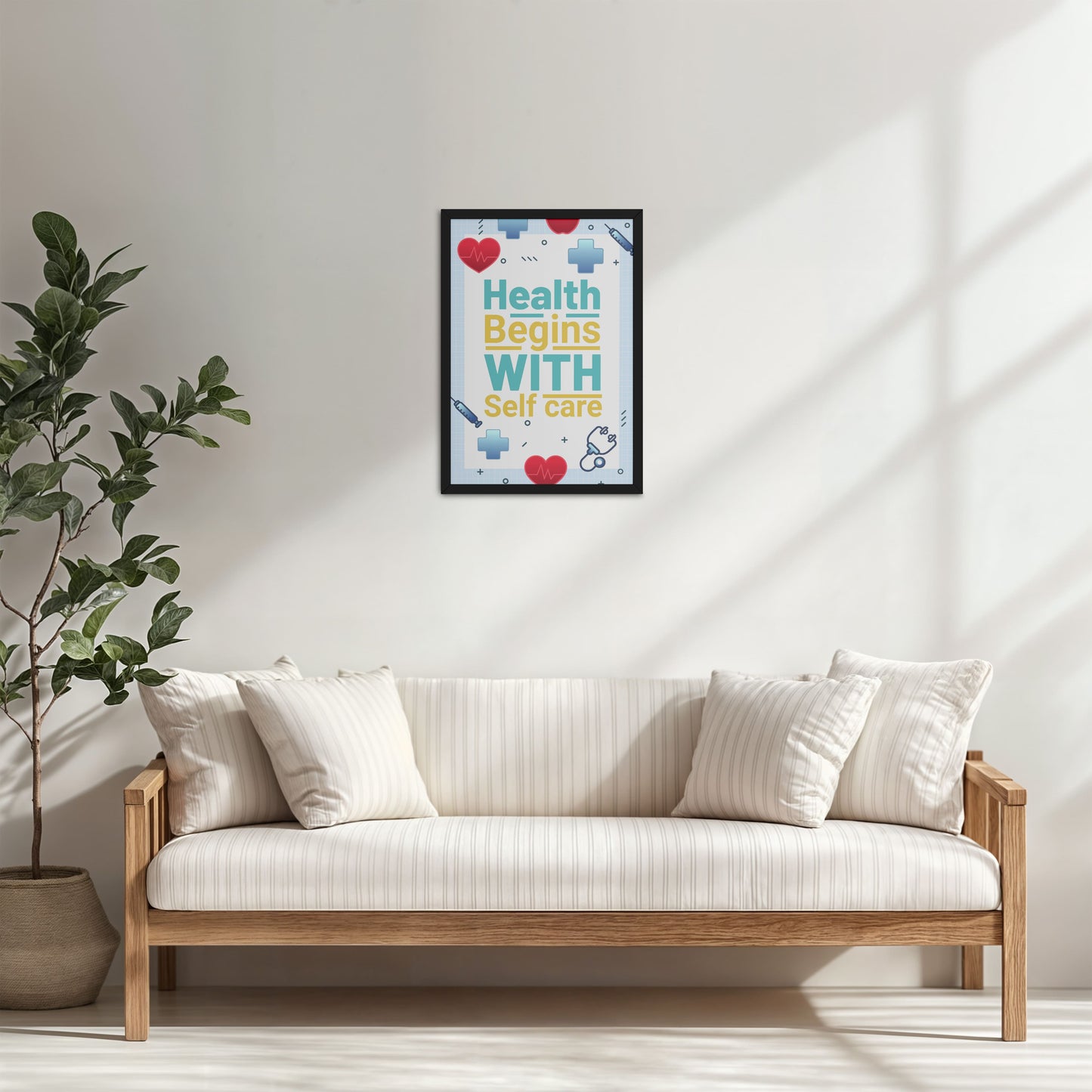 Living Room Cabinet Table Preview of Health Begins with Self Care Inspirational Quote Photo Frame in Black Color Frame