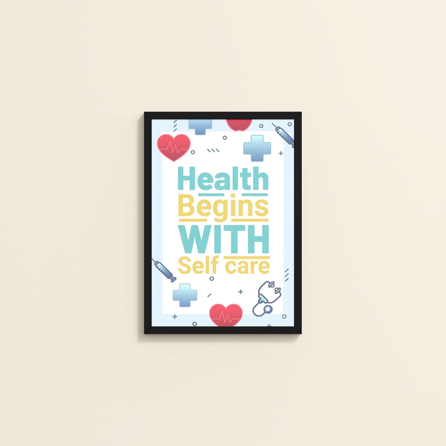 Wall View of Health Begins with Self Care Inspirational Quote Photo Frame in Black Color Frame